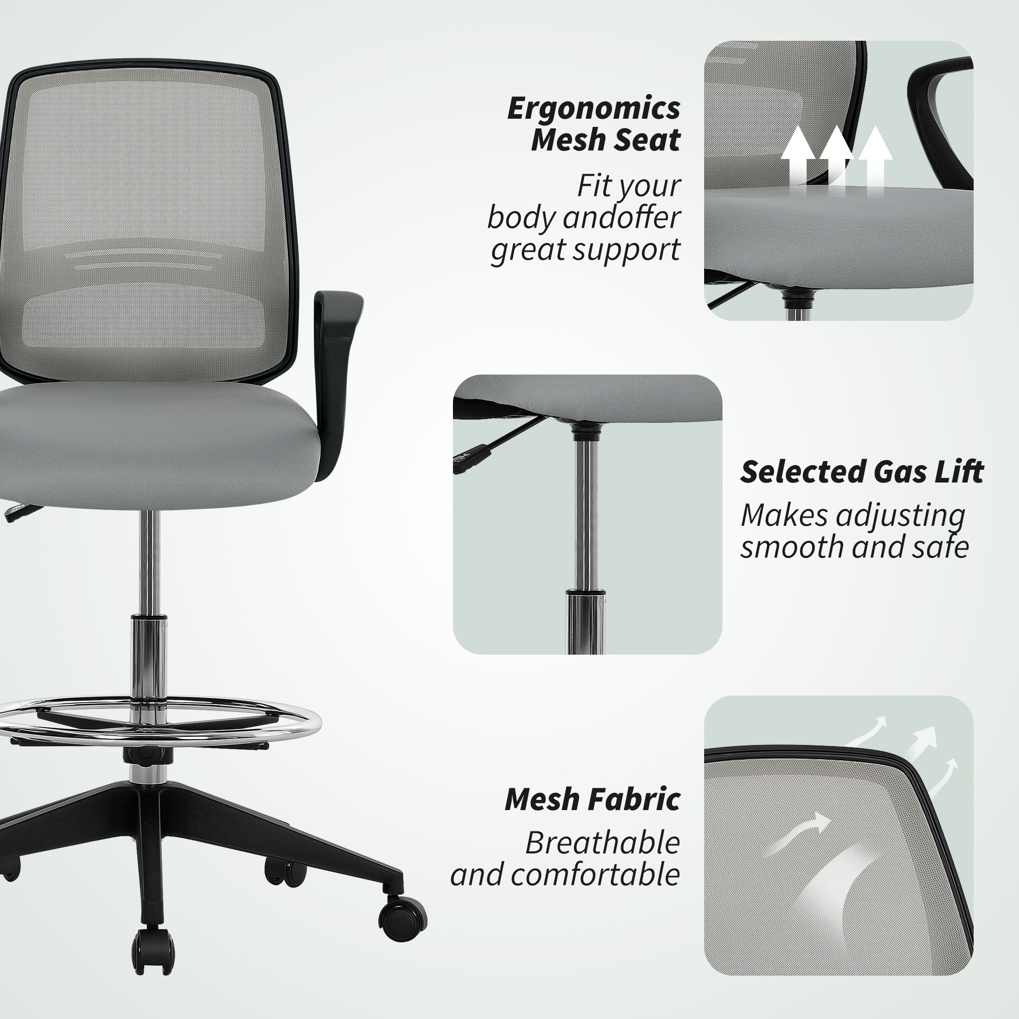 Vinsetto 100-120cm Draughtsman Office Chair, with Footrest - Light Grey