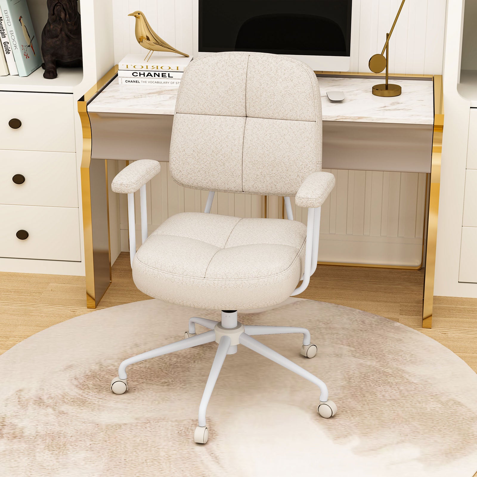 Home Office Chair with Cushioned Back and Rocking Function-Beige