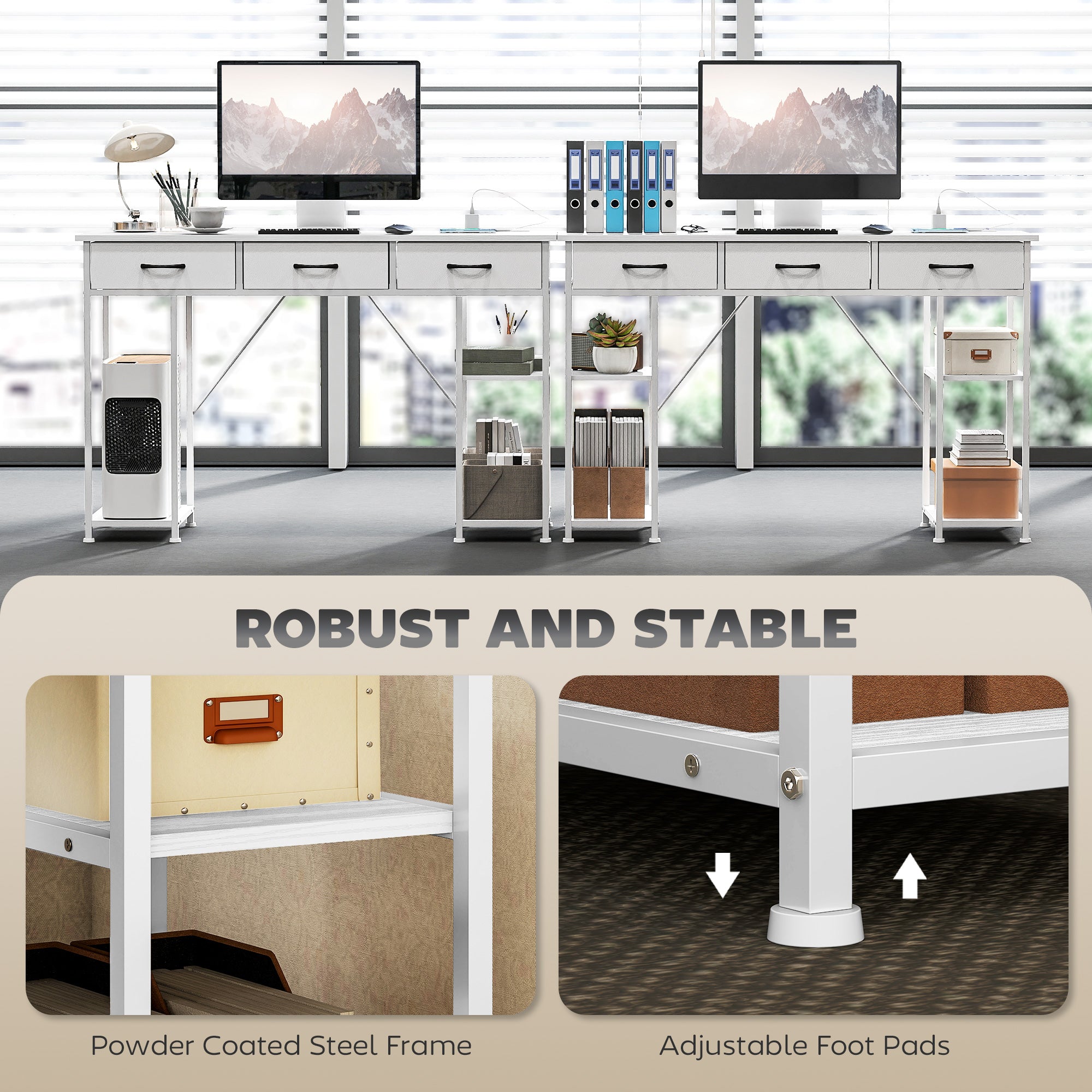 HOMCOM 120cm Computer Desk with Power Outlets, Office Desk Study Table with 3 Fabric Drawers and 4 Storage Shelves, White
