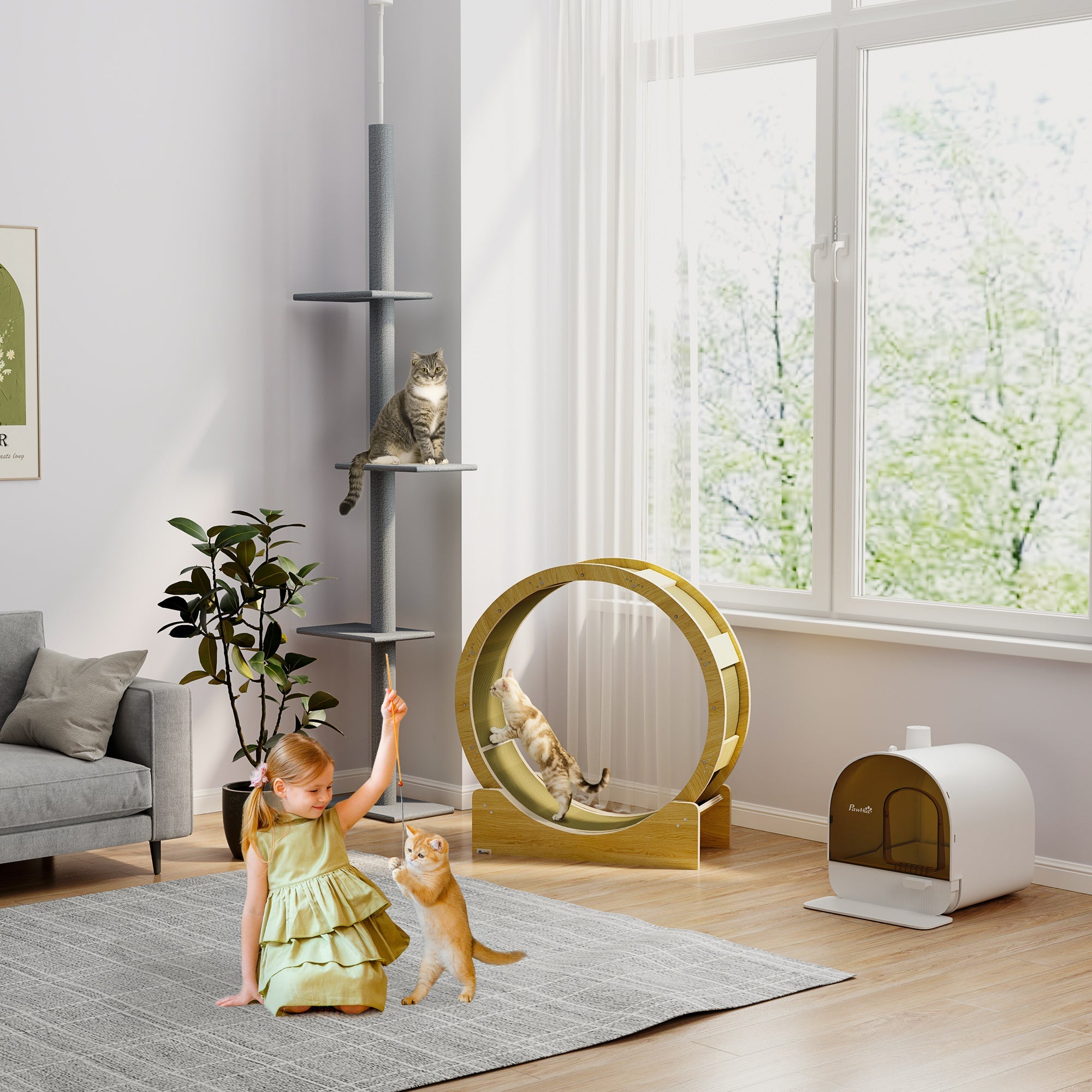 PawHut Cat Wheel with Brake, Scratching Pads - Oak Tone