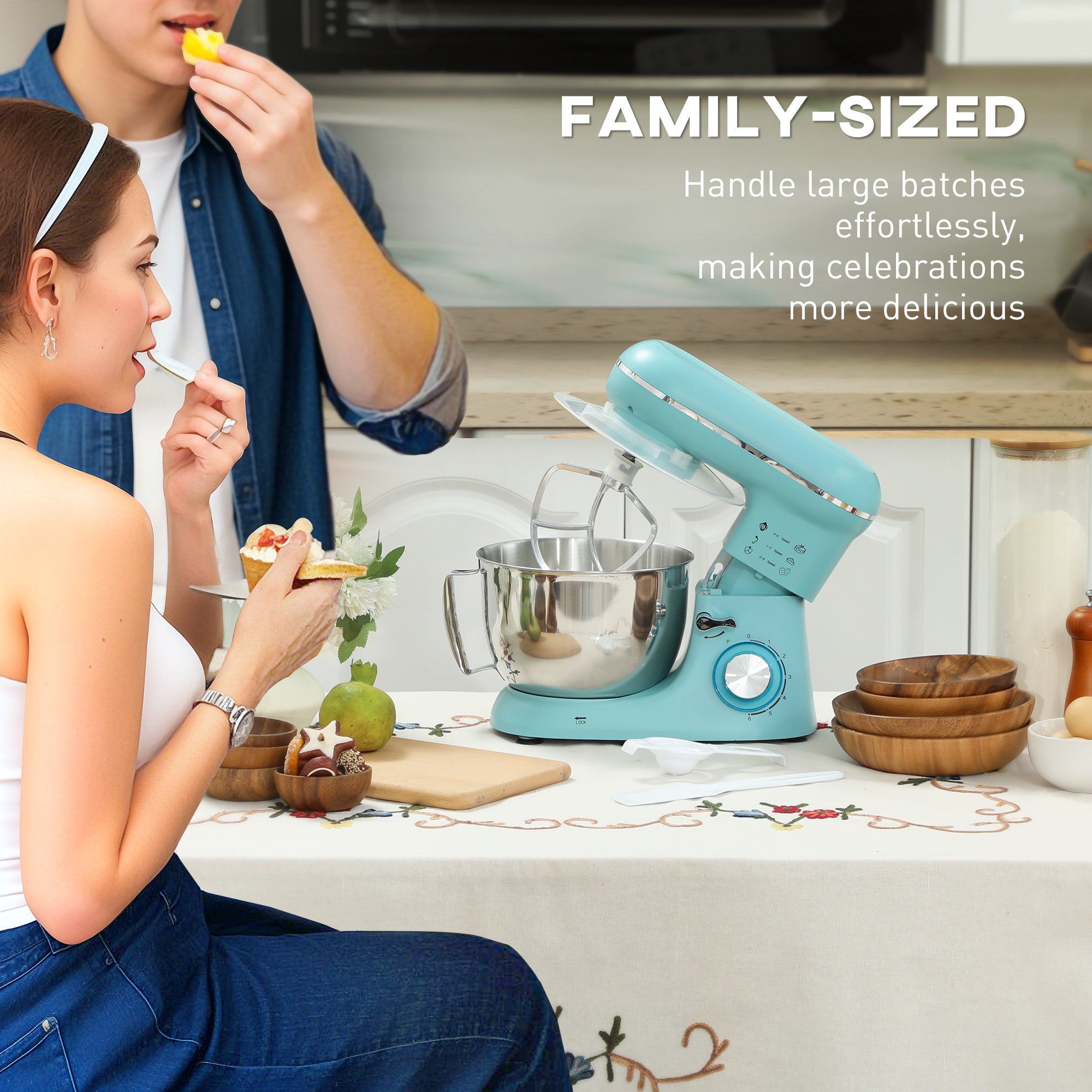 HOMCOM 1300W Kitchen Stand Mixer, with Accessories - Blue