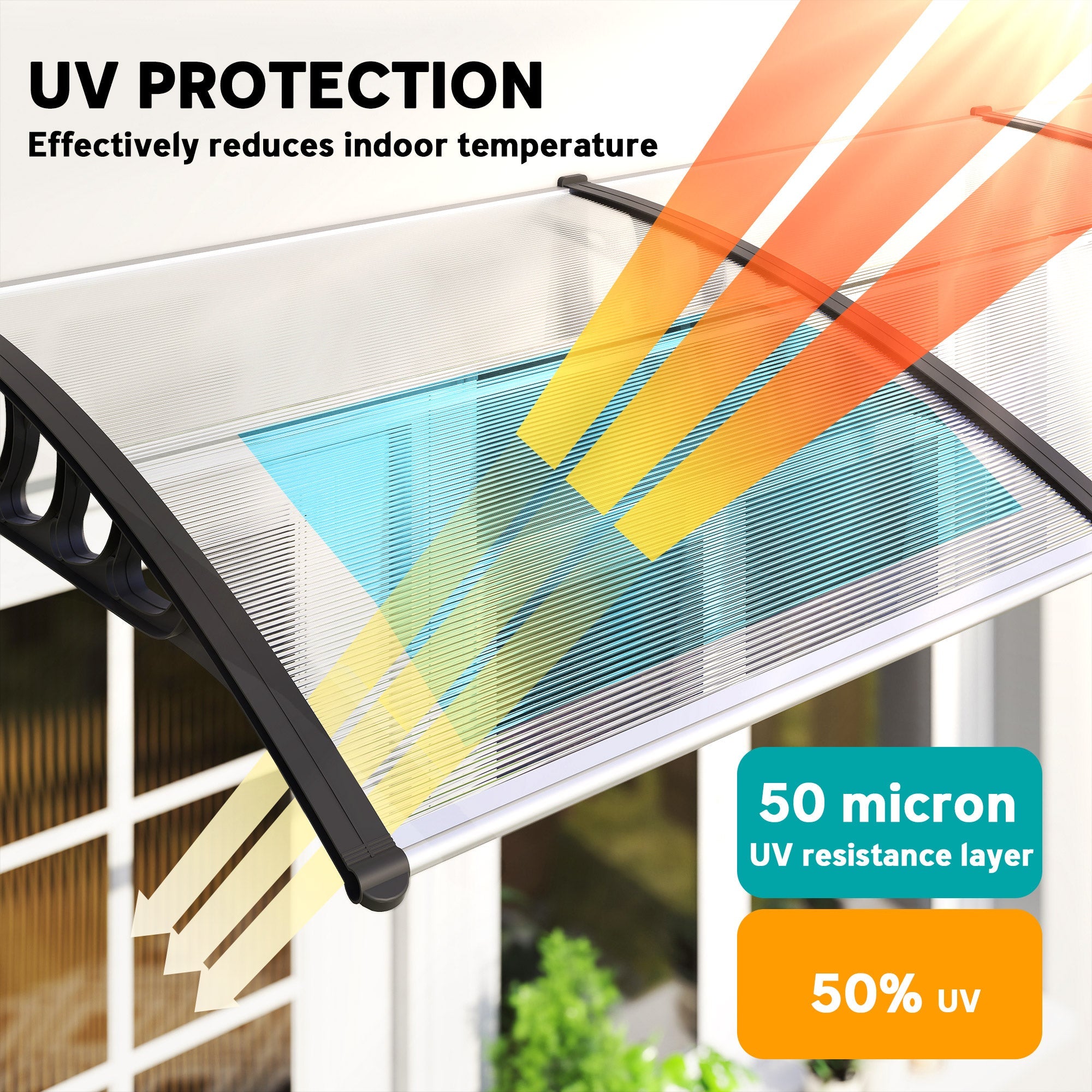 Outsunny Front Door Canopy, Outdoor Awning, 303 x 96cm Rain Shelter for Window, Porch and Front/Back Door, Clear