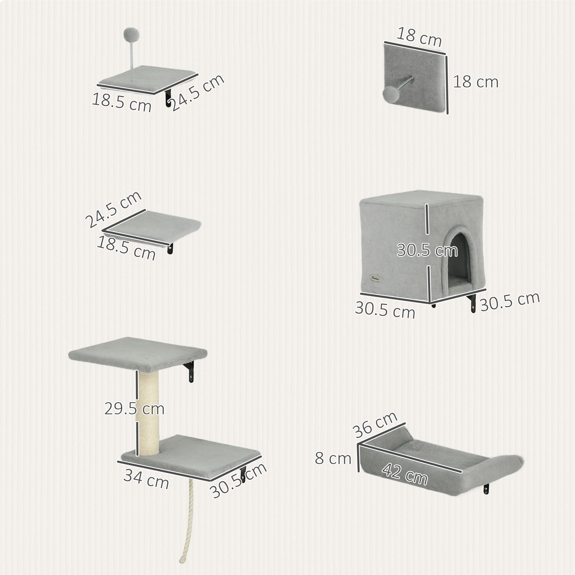 PawHut 6-Piece Cat Wall Shelves Set with Condo, Cat Wall Furniture with Platforms, Sisal Scratching Post, Bed, Toy Ball, Grey