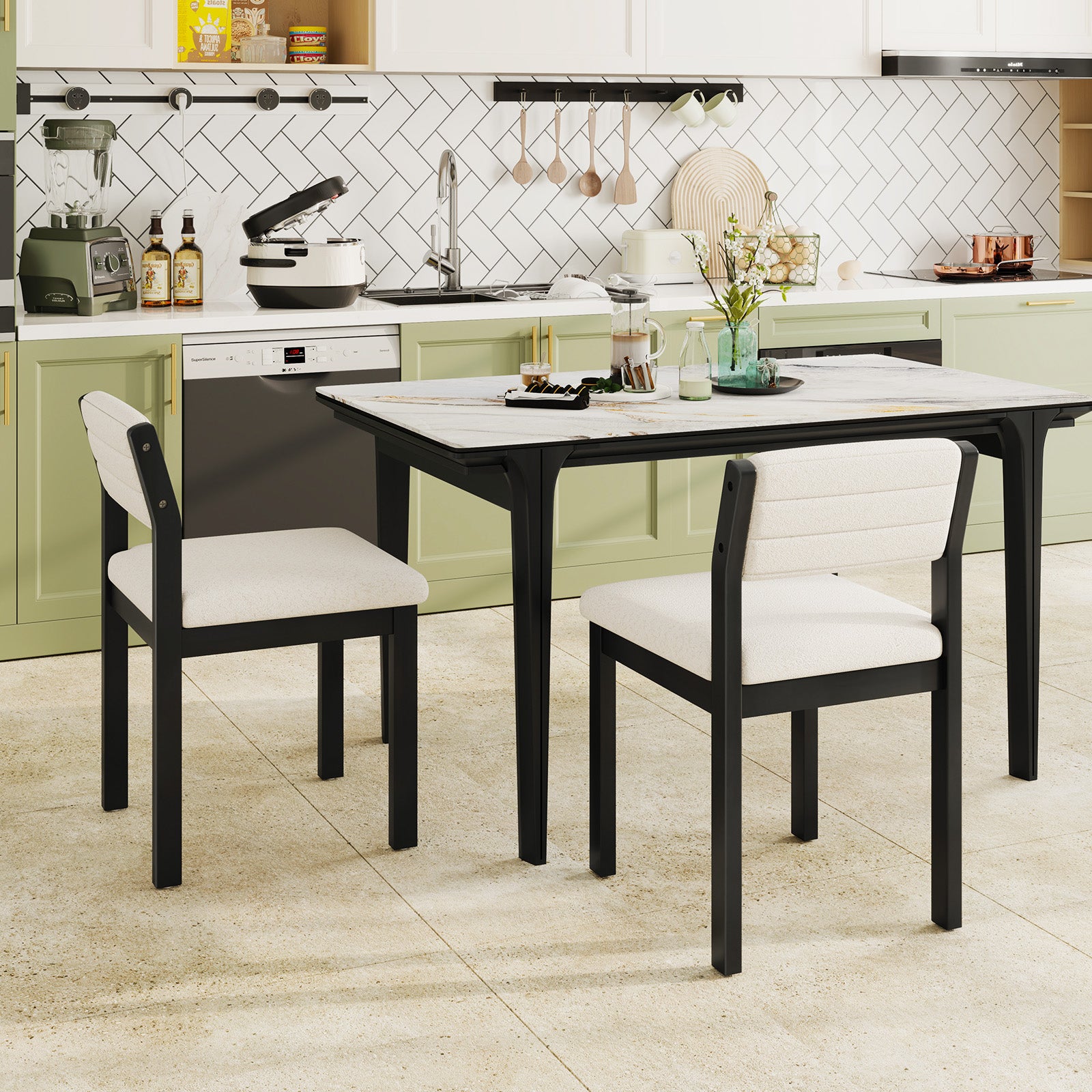 Imitation Lamb Fleece Home Chair with Upholstered Seat and Rubber Wood Legs-White