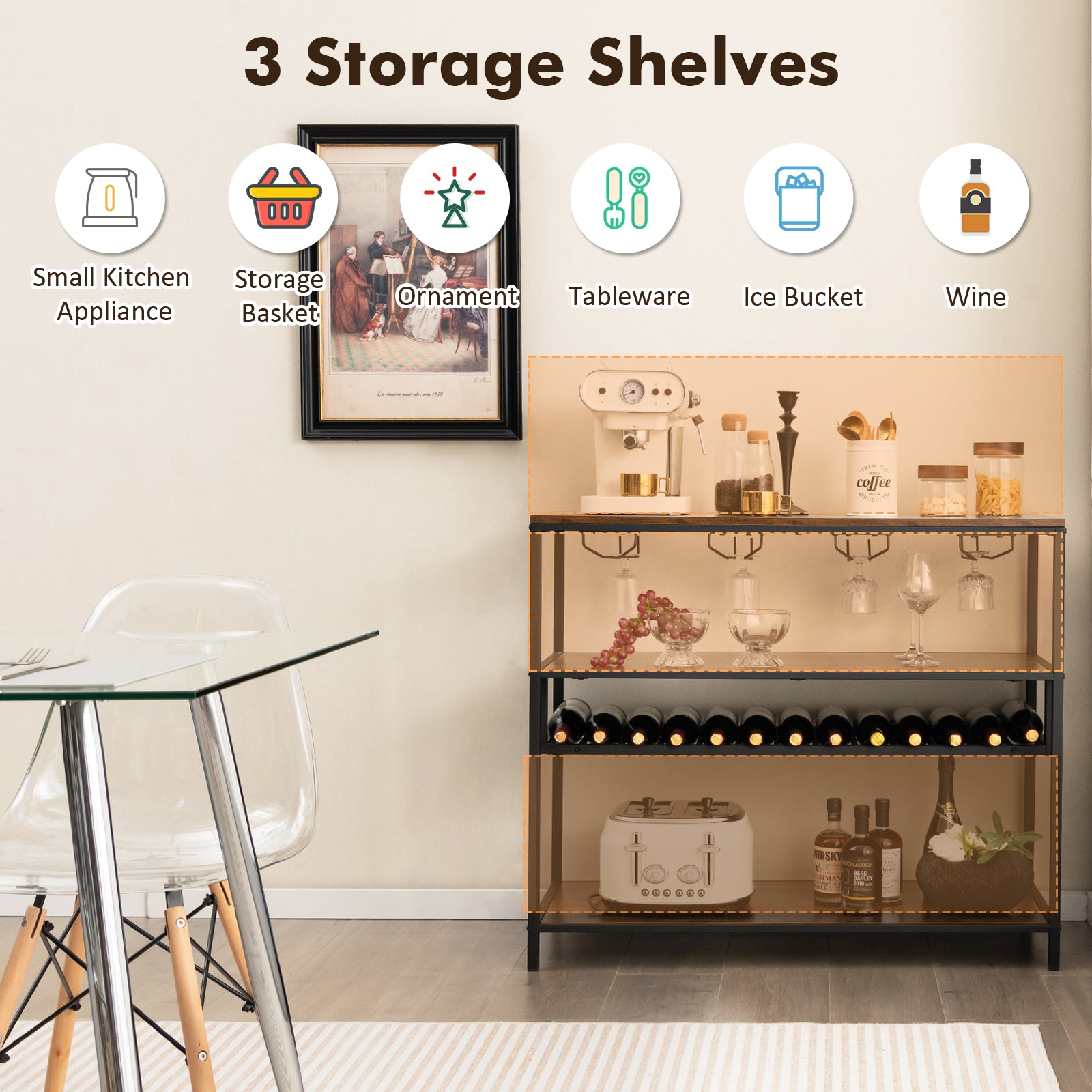 Industrial Bar Cabinet with Wine Rack & 4 Rows of Glass Holders