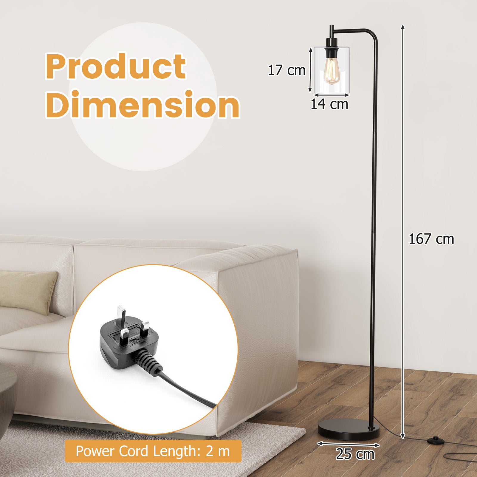 Industrial Floor Lamp with Hanging Glass Lampshade and Foot Switch-Black