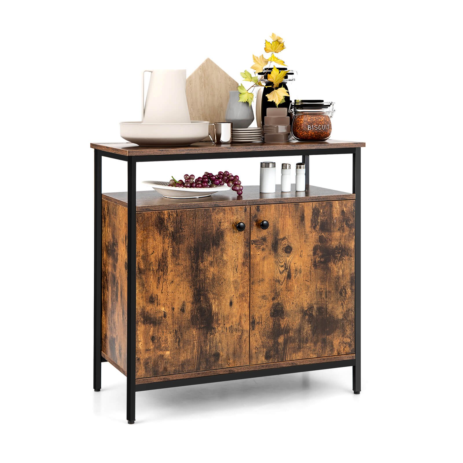Industrial Sideboard Wooden Storage Cabinet with 2-Door-Rustic Brown