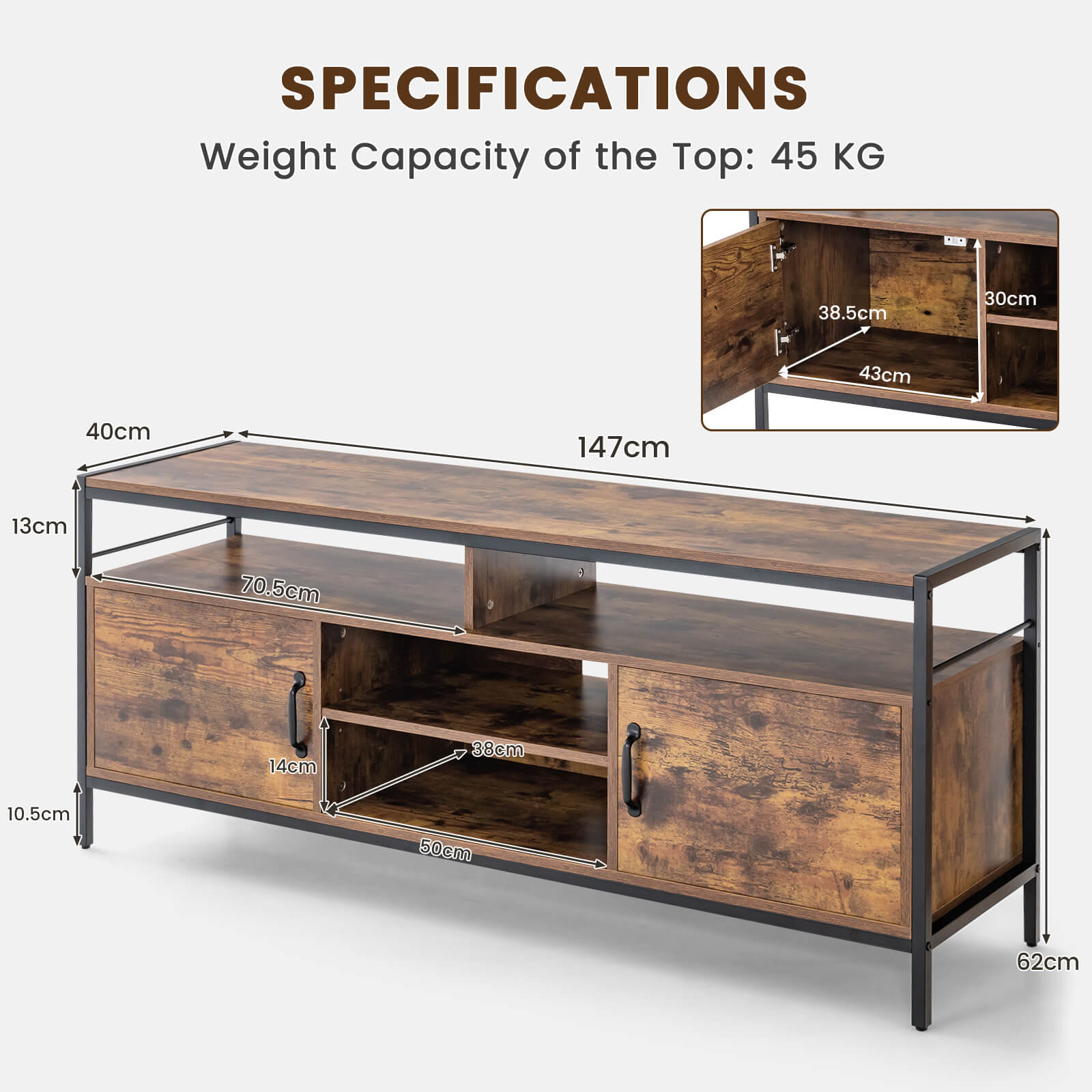 147 cm Industrial TV Stand with Adjustable Shelf for TVs up to 65"-Rustic Brown