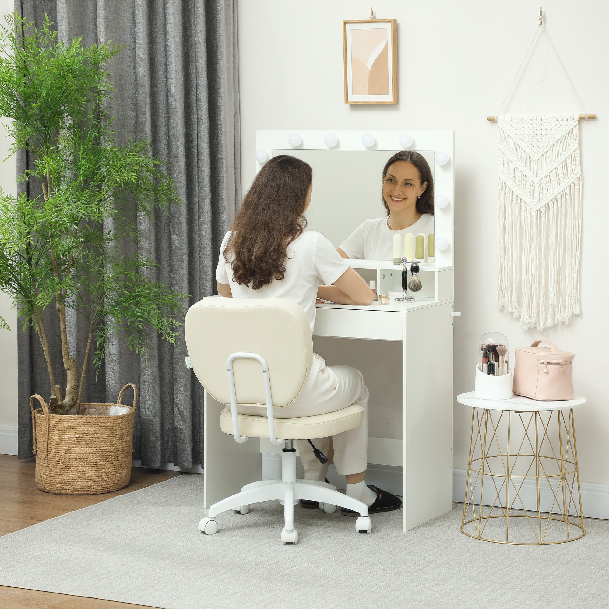 Vinsetto Vanity Office Chair, PU Leather Computer Chair for Home, with Adjustable Height, Armless, Swivel Wheels, Cream