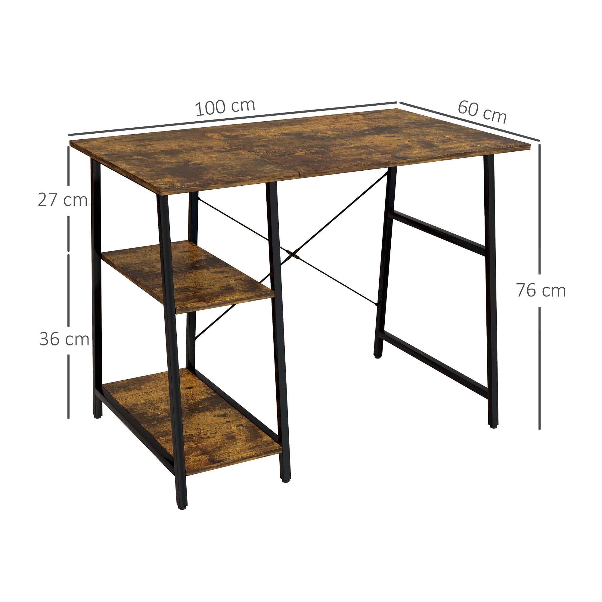 HOMCOM 100cm Computer Desk with Storage, Industrial Home Office Desk with 2 Tier Shelves and Steel Frame, Computer Table for Study Room, Rustic Brown