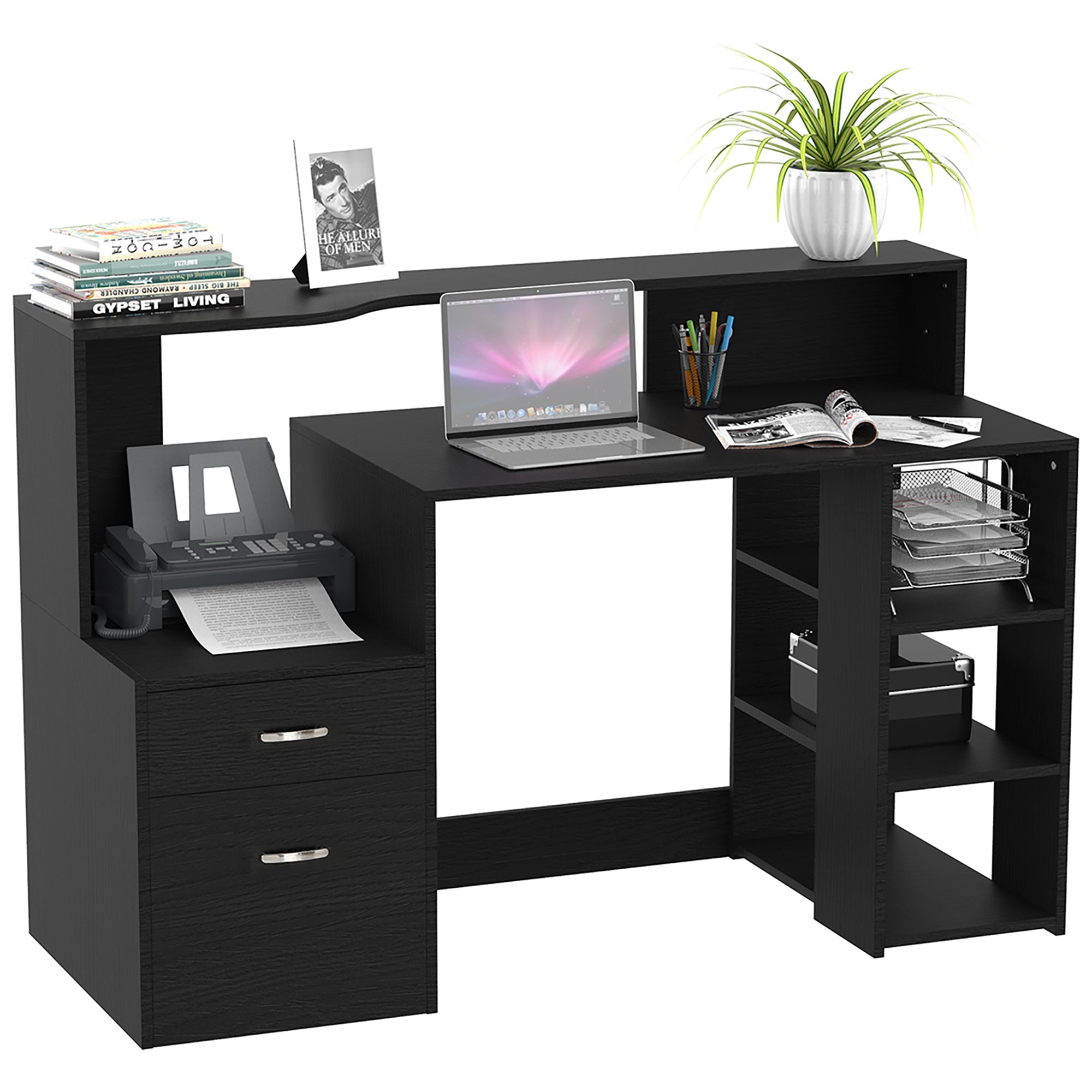 HOMCOM Computer Desk with Drawers and Storage Shelves, Office Desk Writing Table with Printer Stand, Large Workstation for Study Play Work Home Office, 137 x 55 x 92cm, Black