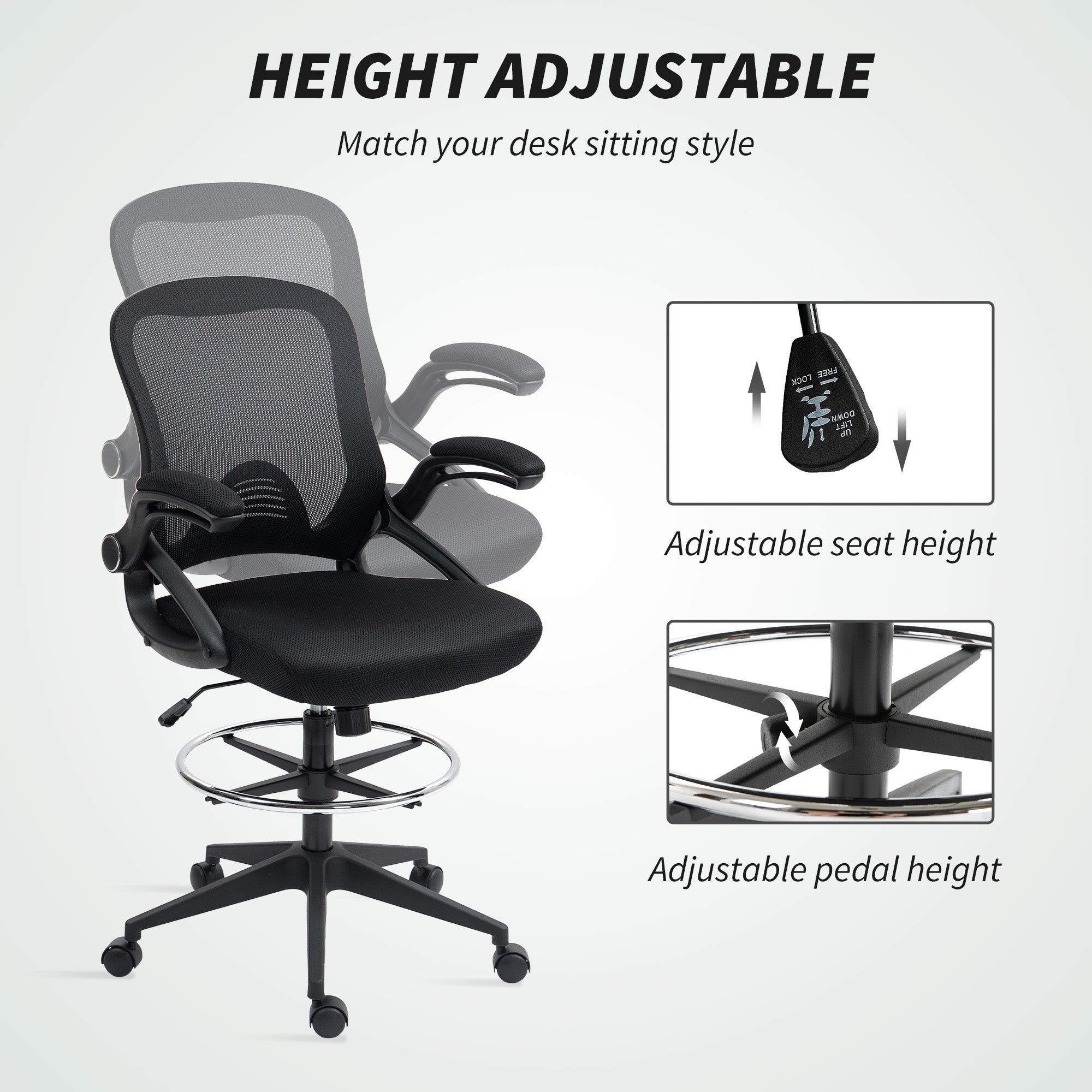 Vinsetto Drafting Chair with Flip-up Armrest, Mesh Office Stool with Foot Ring, 360 Degree Swivel Height Adjustable Chair for Standing Desk, Black