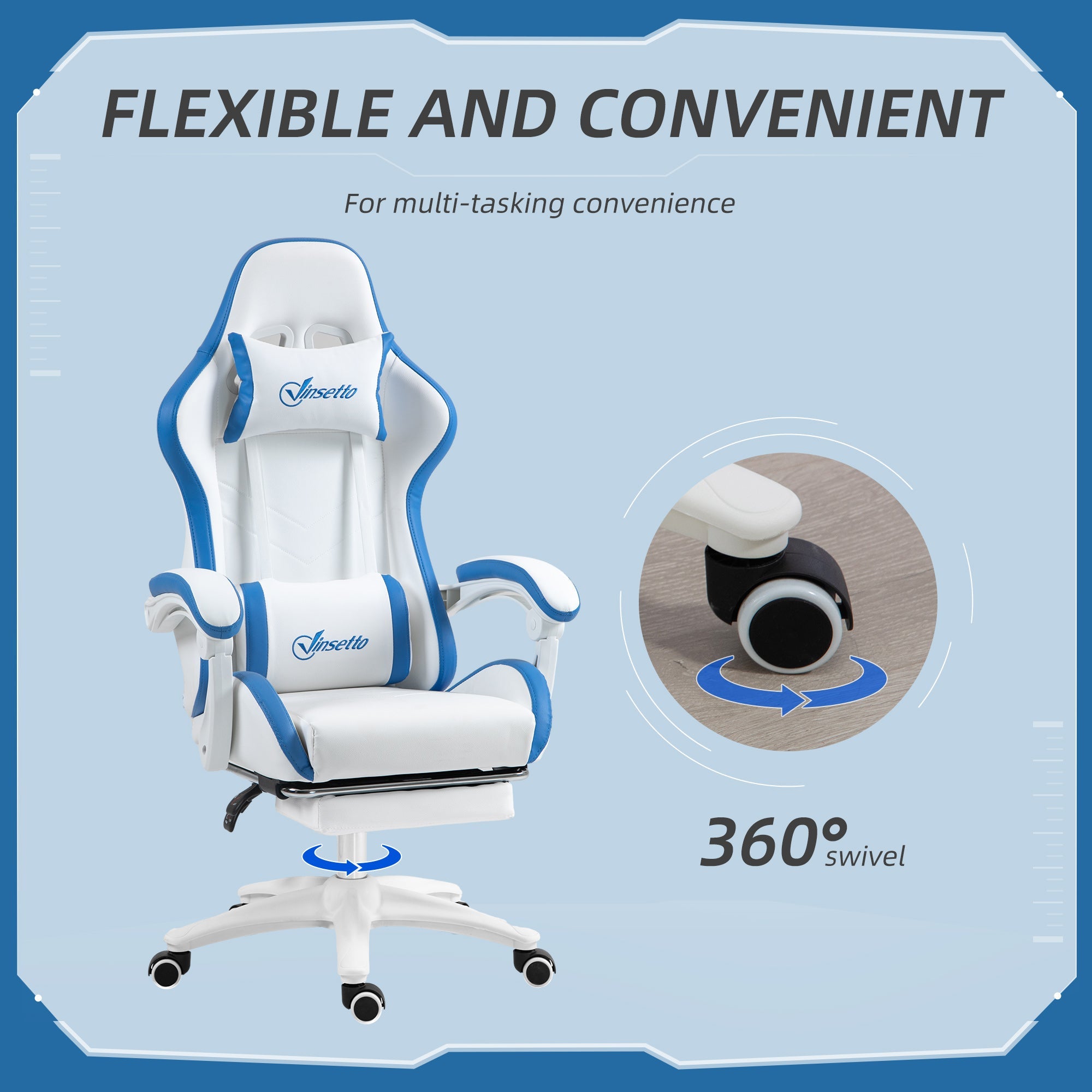 Vinsetto Computer Gaming Chair, PU Leather Office Desk Chair with Footrest, Swivel Wheels, 135√Ç¬∞ Reclining Back, Lumbar Support, Headrest for Home, White and Blue