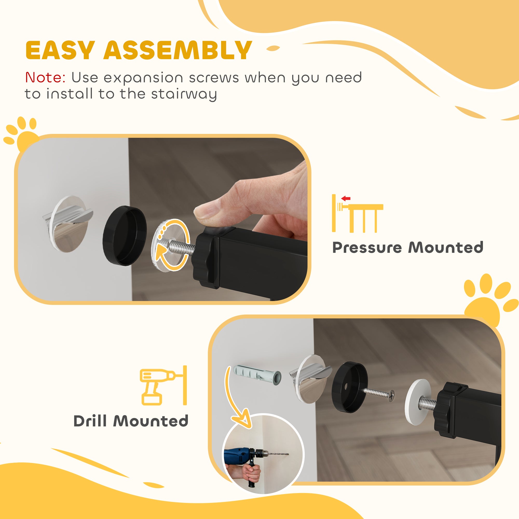PawHut Extra Wide Dog Safety Gate, with Door Pressure, for Doorways, Hallways, Staircases - Black