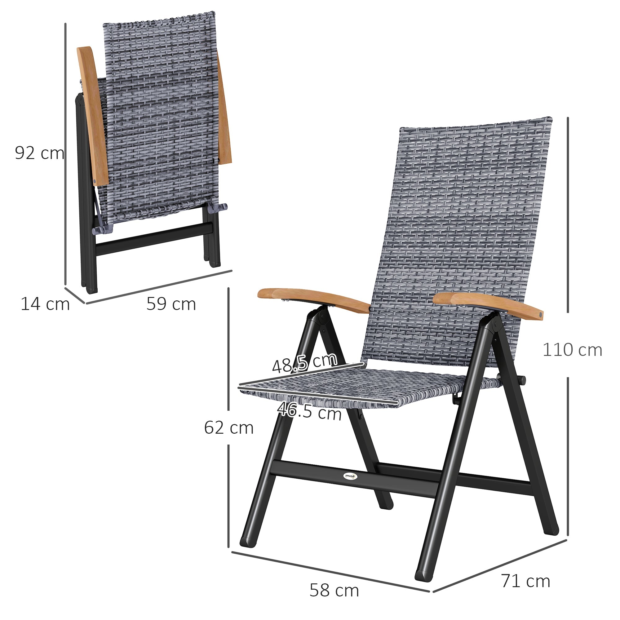 Outsunny 2 Pieces Folding Rattan Garden Dining Chairs with 5-level Reclining High Back, Wood Armrests for Outdoor - Light Grey