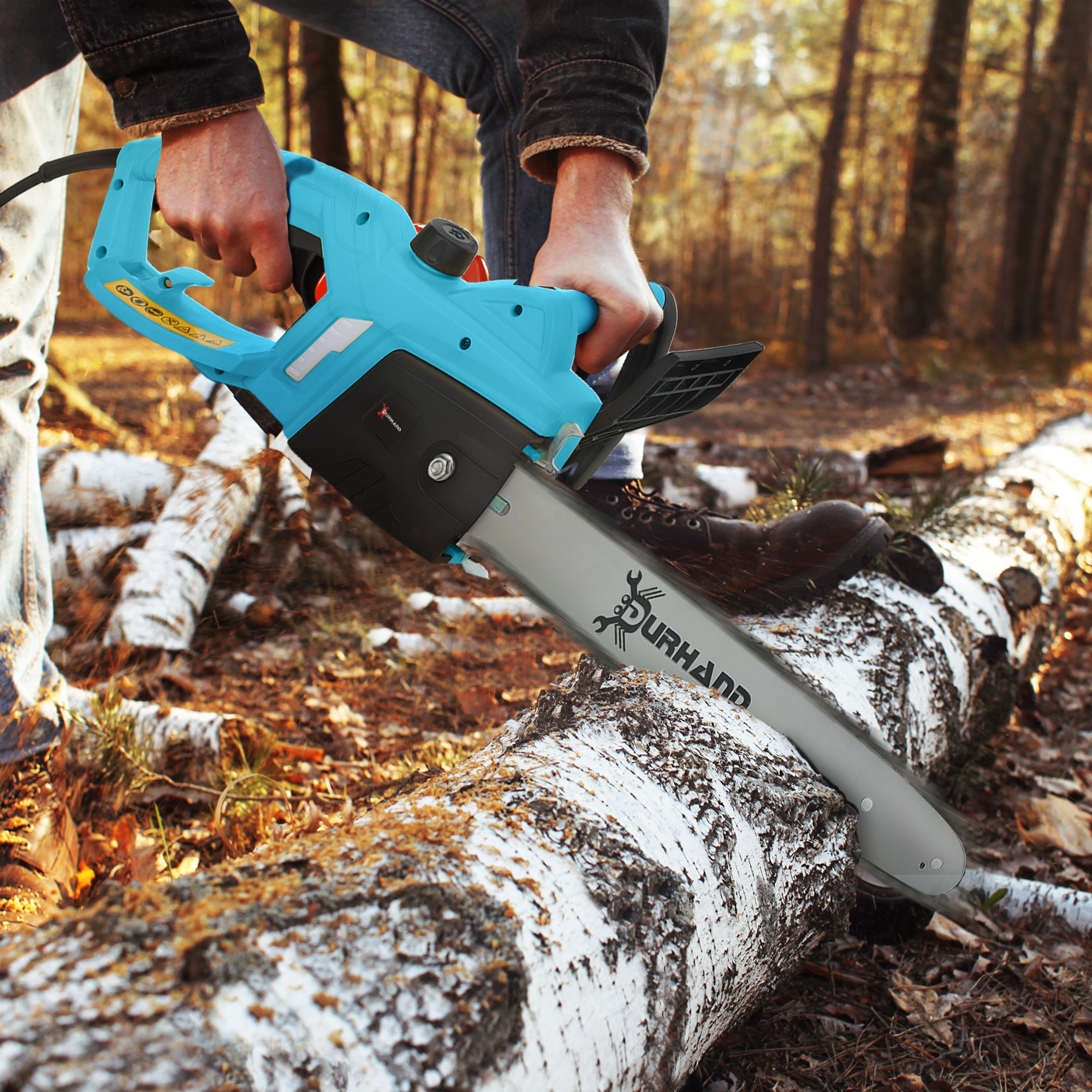 DURHAND Aluminium Chainsaw with Double Brake Protection and Bar Cover, 2000 W, 40 cm, for Wood, Trees and Branches, Blue
