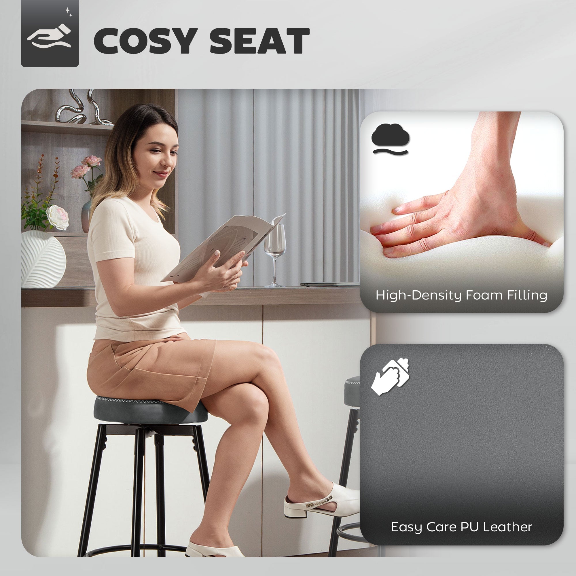 HOMCOM Set of Two Faux Leather Bar Stools - Grey/Black