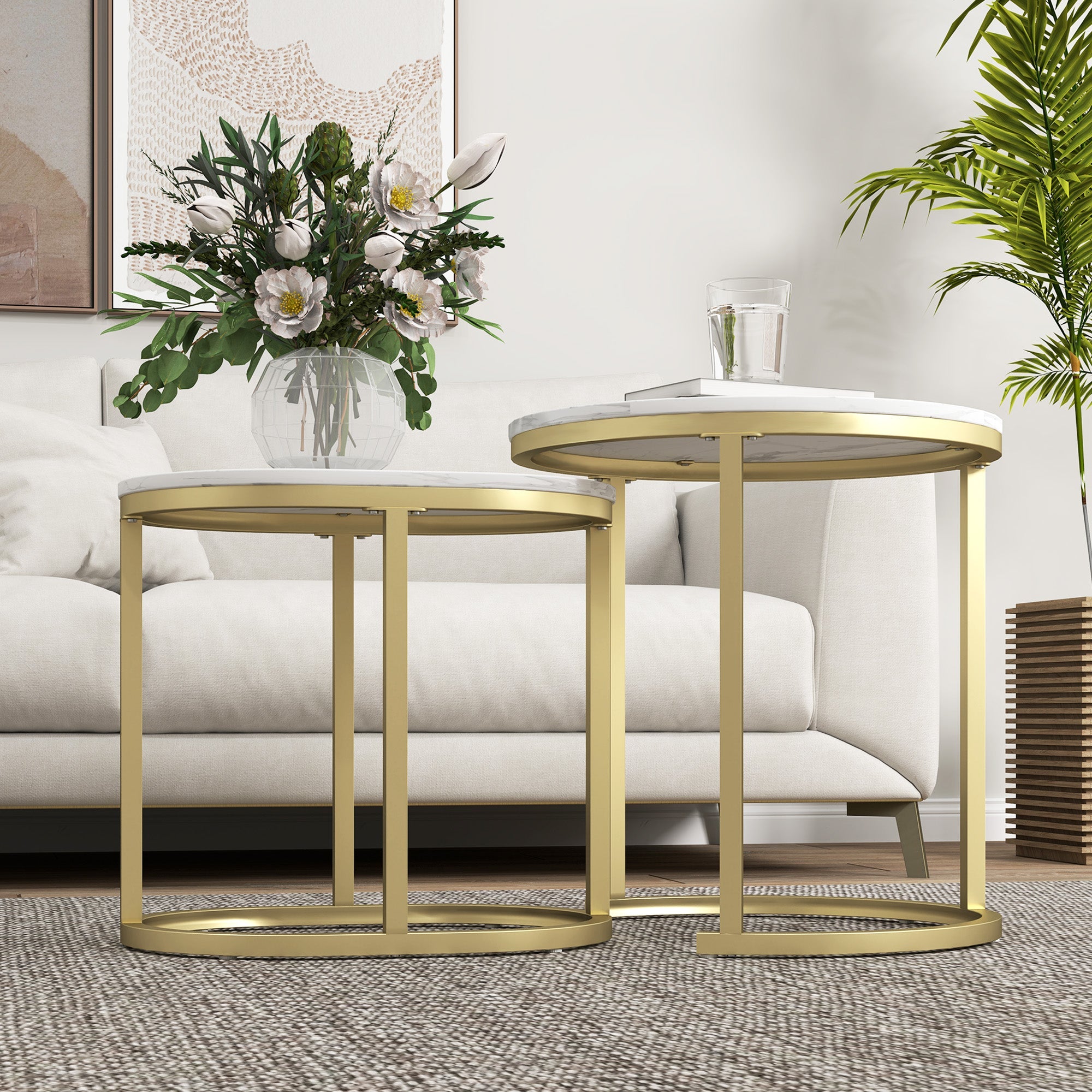 HOMCOM Marble-Effect Nest of Tables - Gold Tone/White