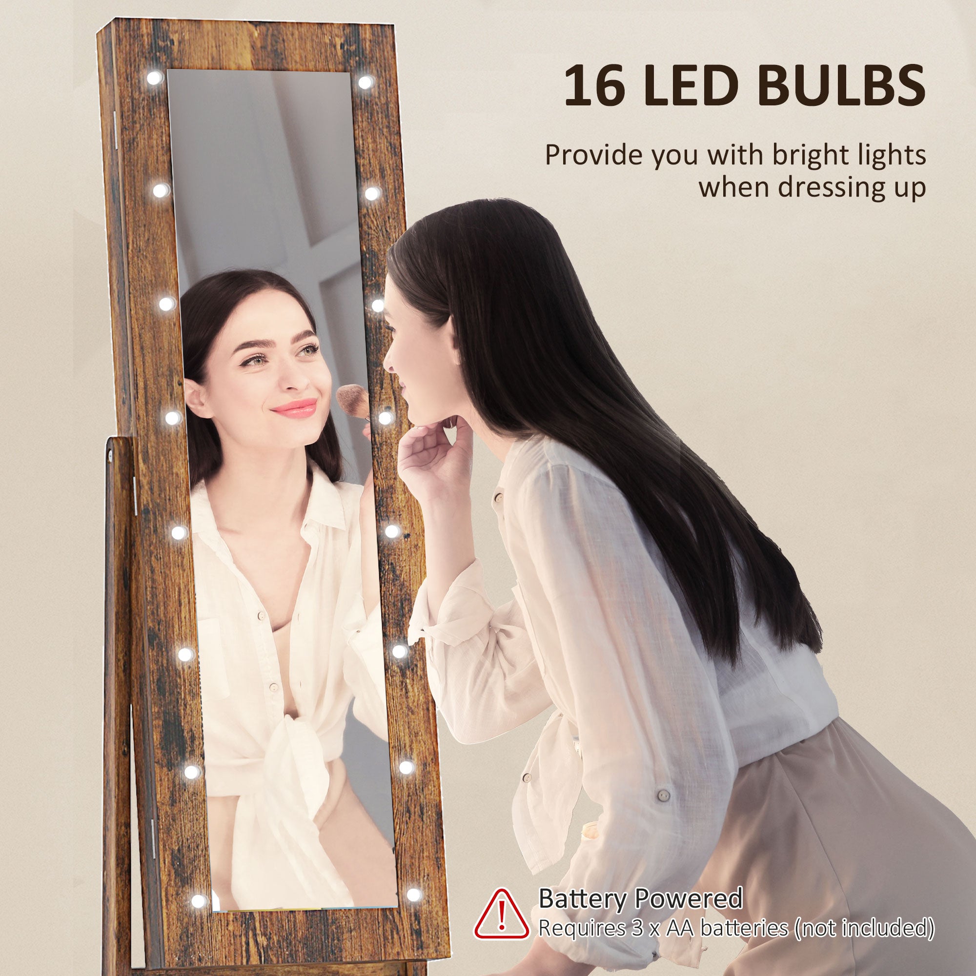 HOMCOM Freestanding Mirror Jewelry Cabinet with LED Lights, Jewellery Organiser with 3 Angle Adjustable, Full-Length Mirror with Storage for Earrings, Necklaces, Rings and Lipsticks, Rustic Brown