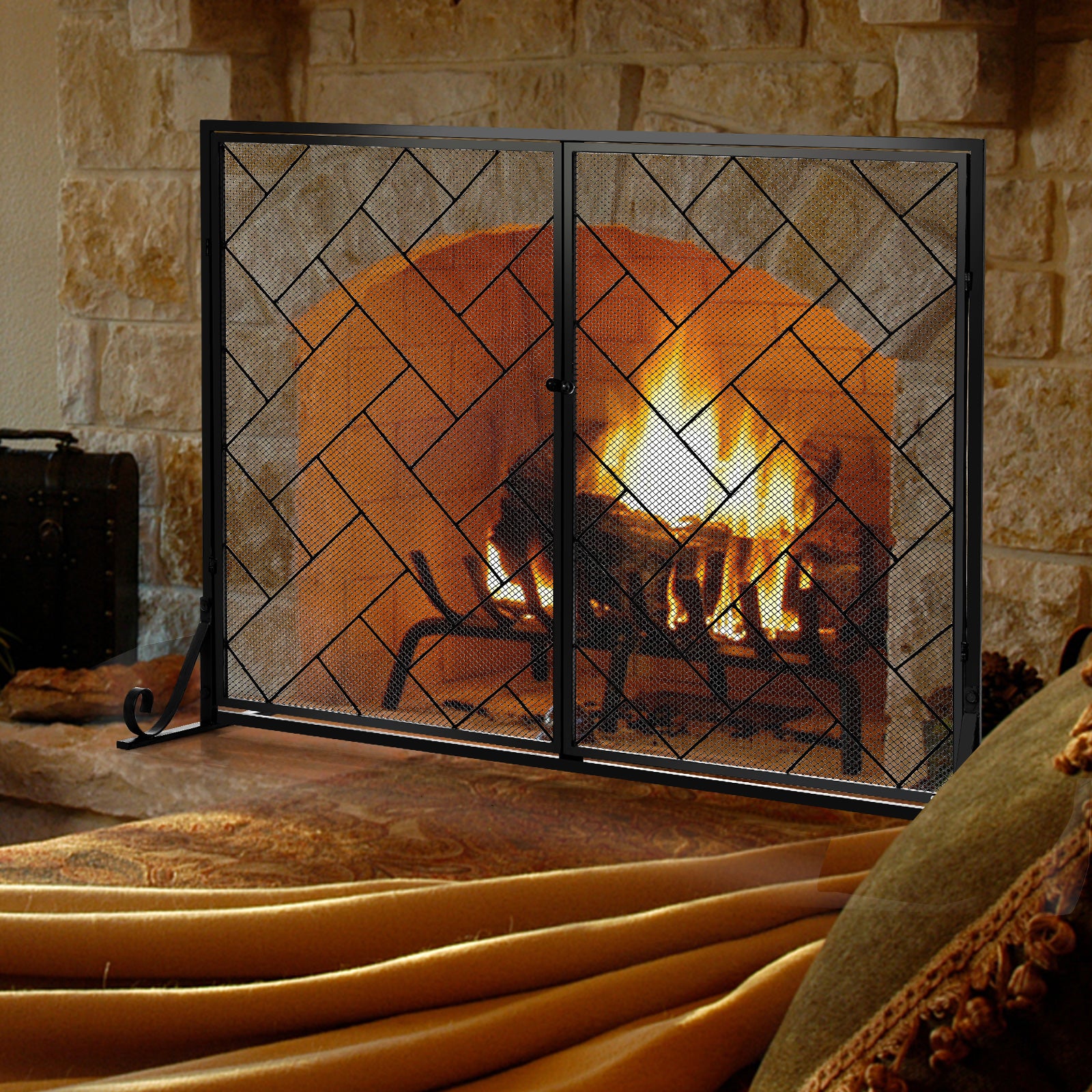 2-Panel Mesh Fireplace Screen with Double Magnetic Doors-Black