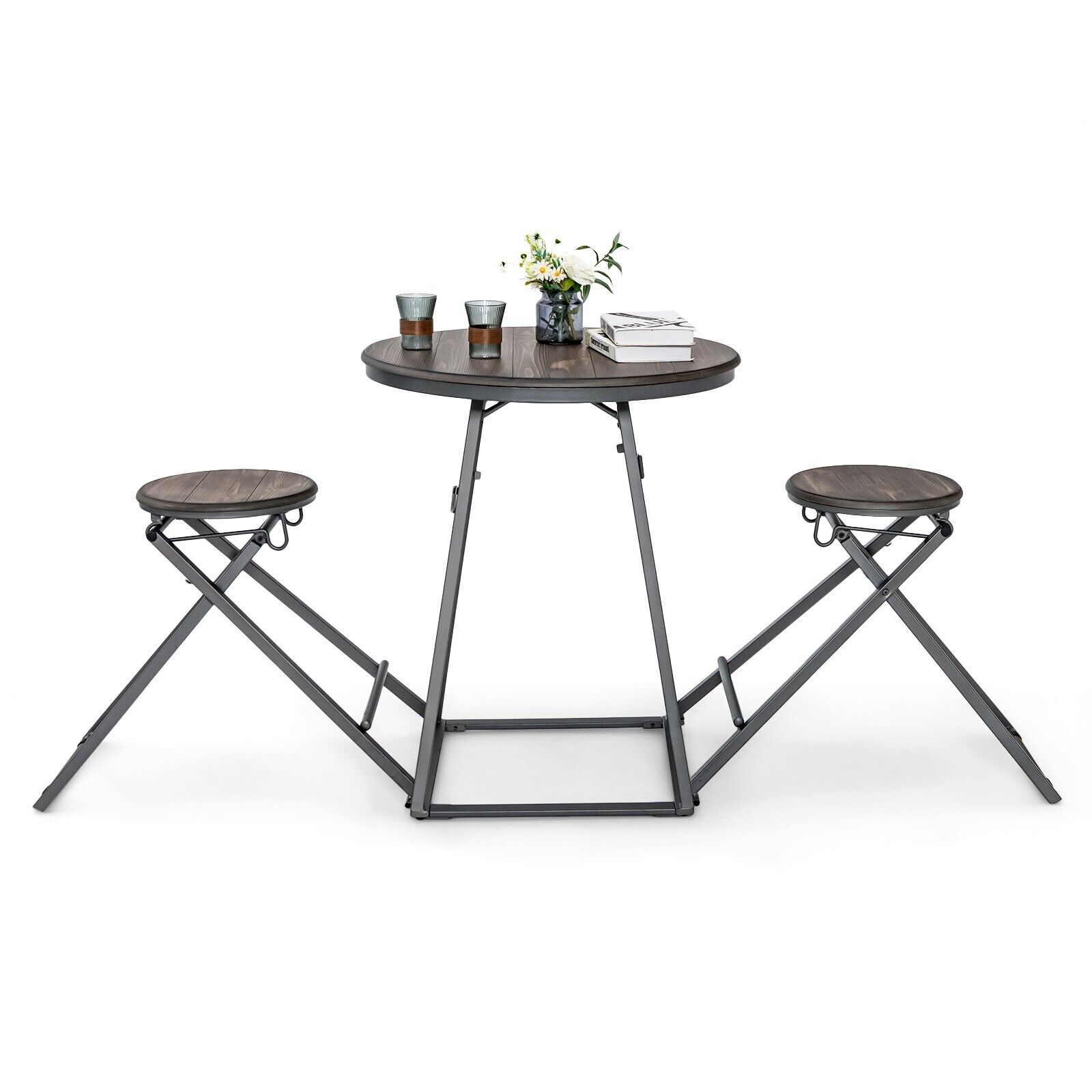 3-Piece Round Table and Stool Set with 2 Foldable Stools-Grey