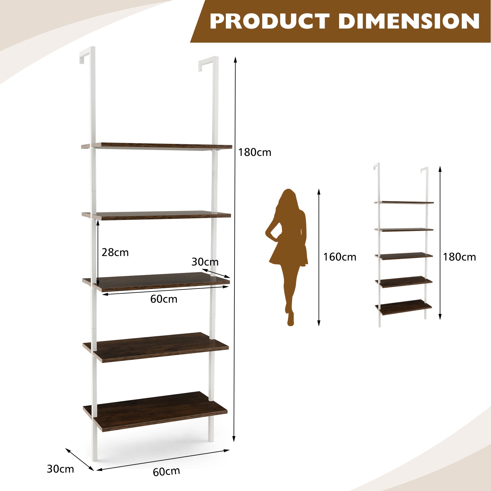 5-Tier Ladder Shelf with Steel Frame for Living Room Bedroom Office-Natural