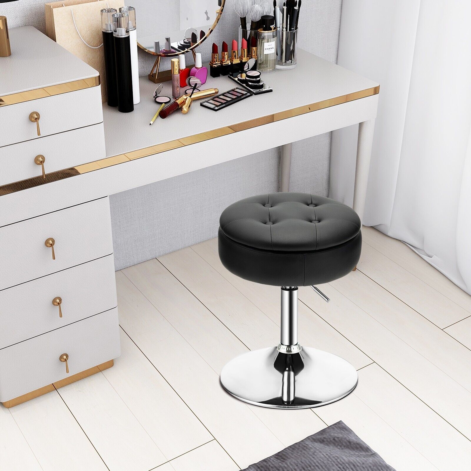 360¬∞ Swivel Vanity Stool with Removable Tray Lid-Black