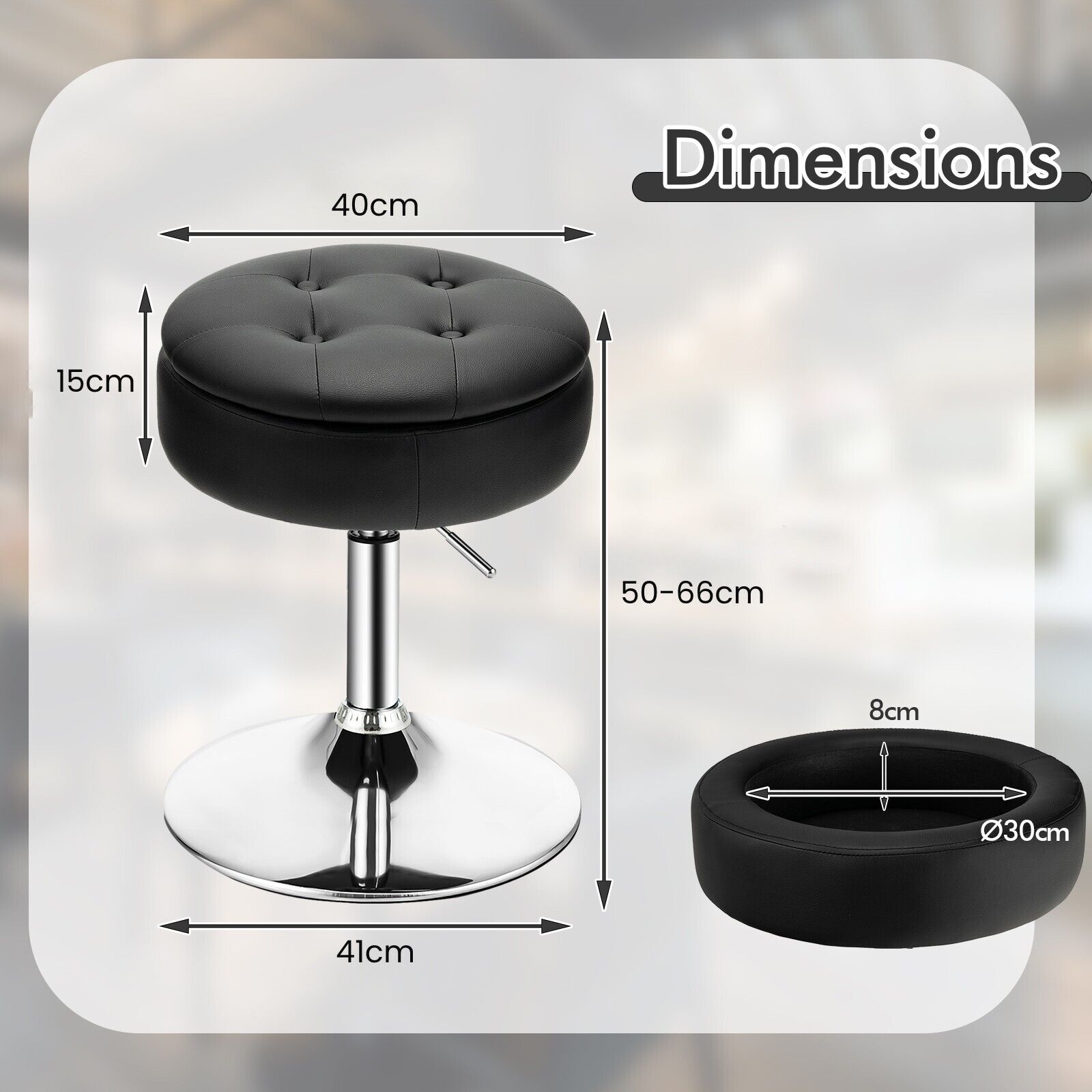 360¬∞ Swivel Vanity Stool with Removable Tray Lid-Black