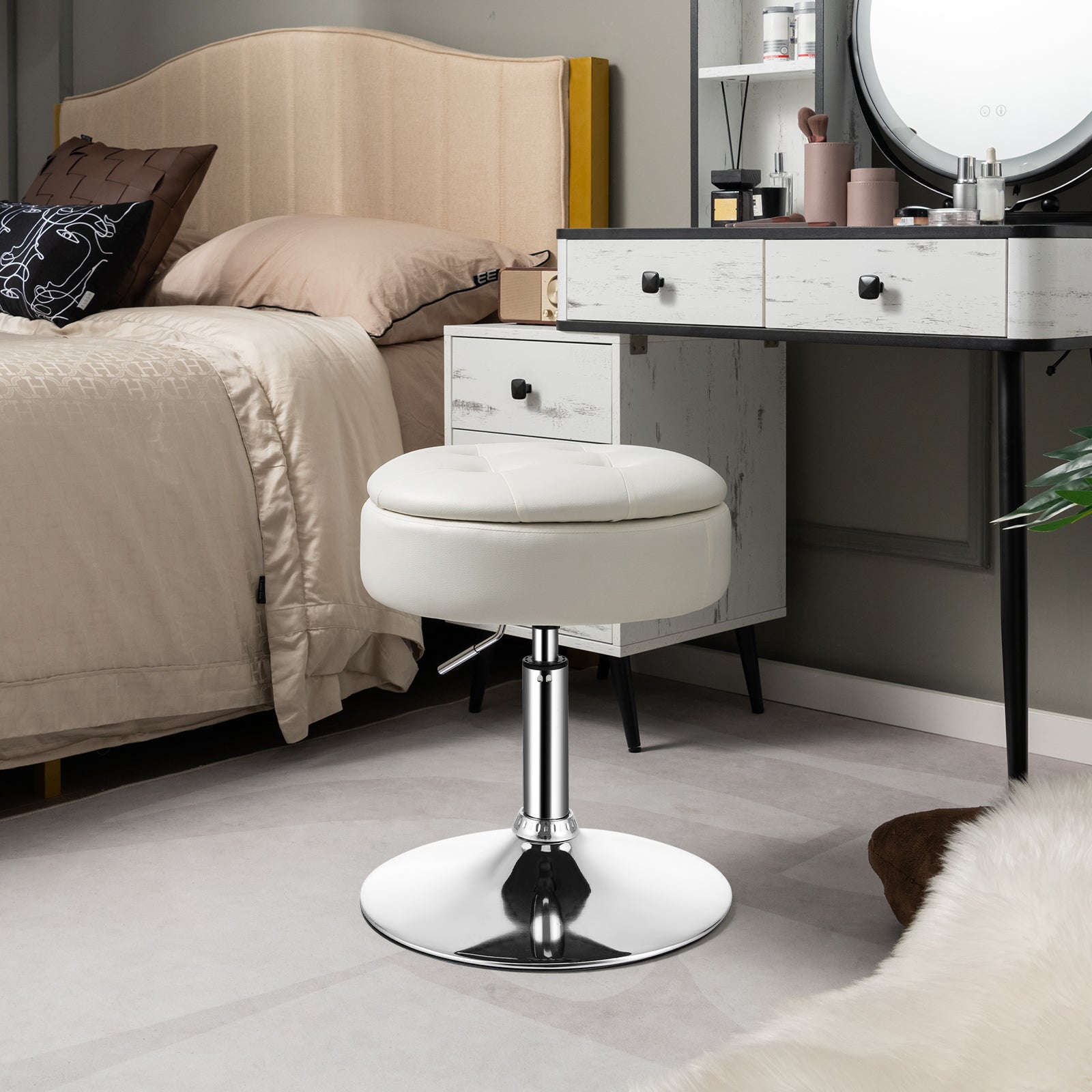 360¬∞ Swivel Vanity Stool with Removable Tray Lid-White