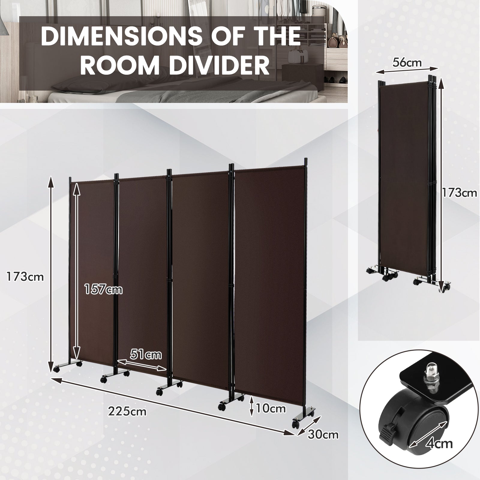 4-Panel Folding Room Divider with Wheels for Living Room Bedroom -Brown