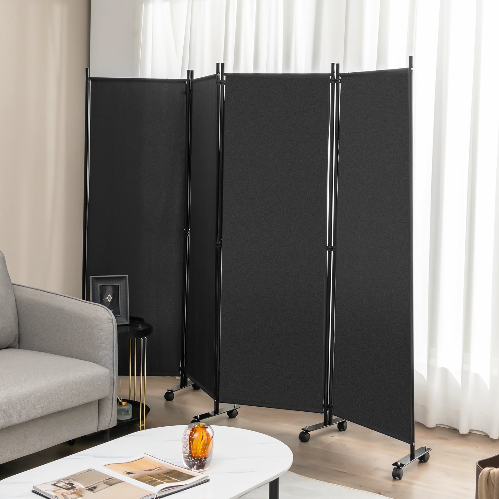 4-Panel Folding Room Divider with Wheels for Living Room Bedroom-Grey