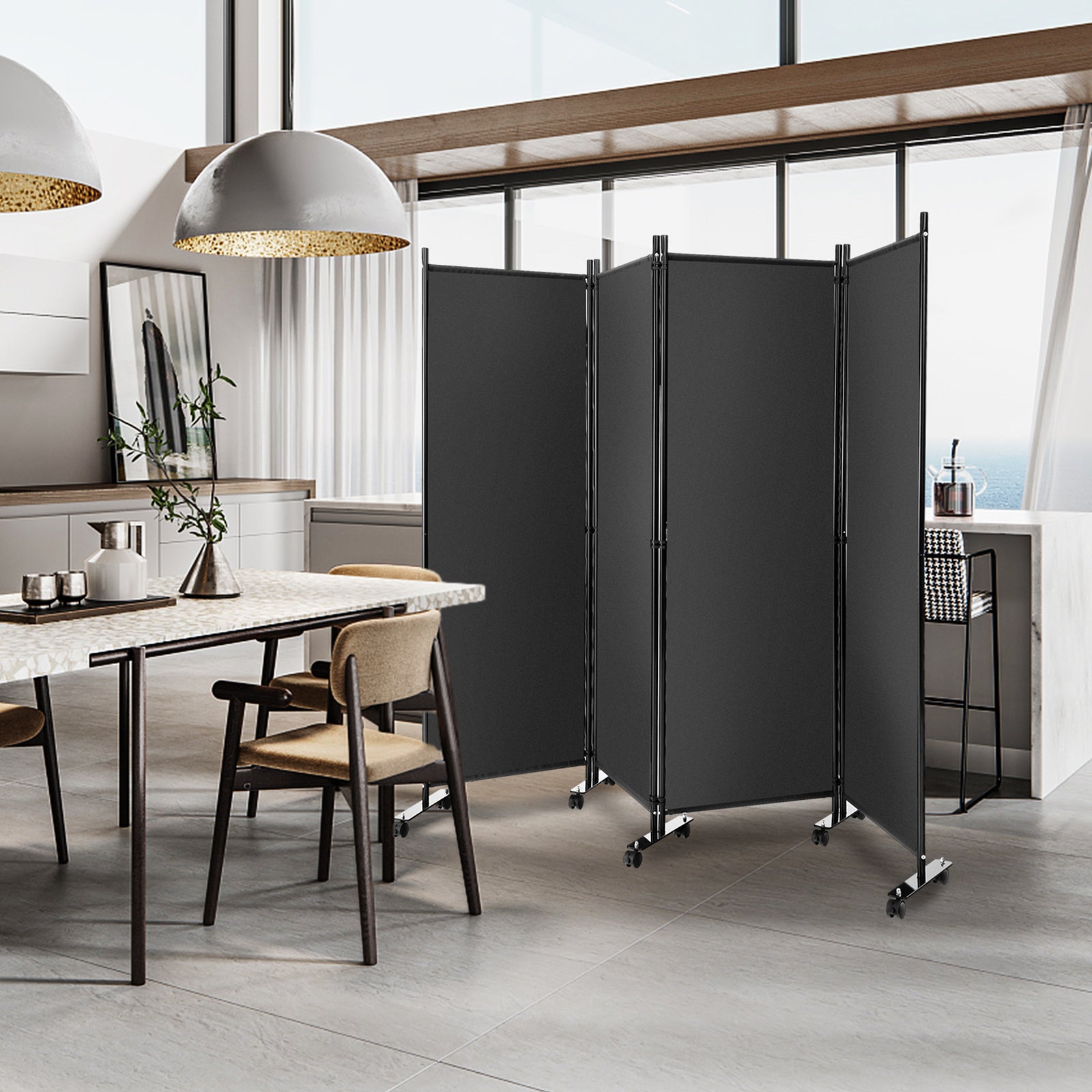 4-Panel Folding Room Divider with Wheels for Living Room Bedroom-Grey