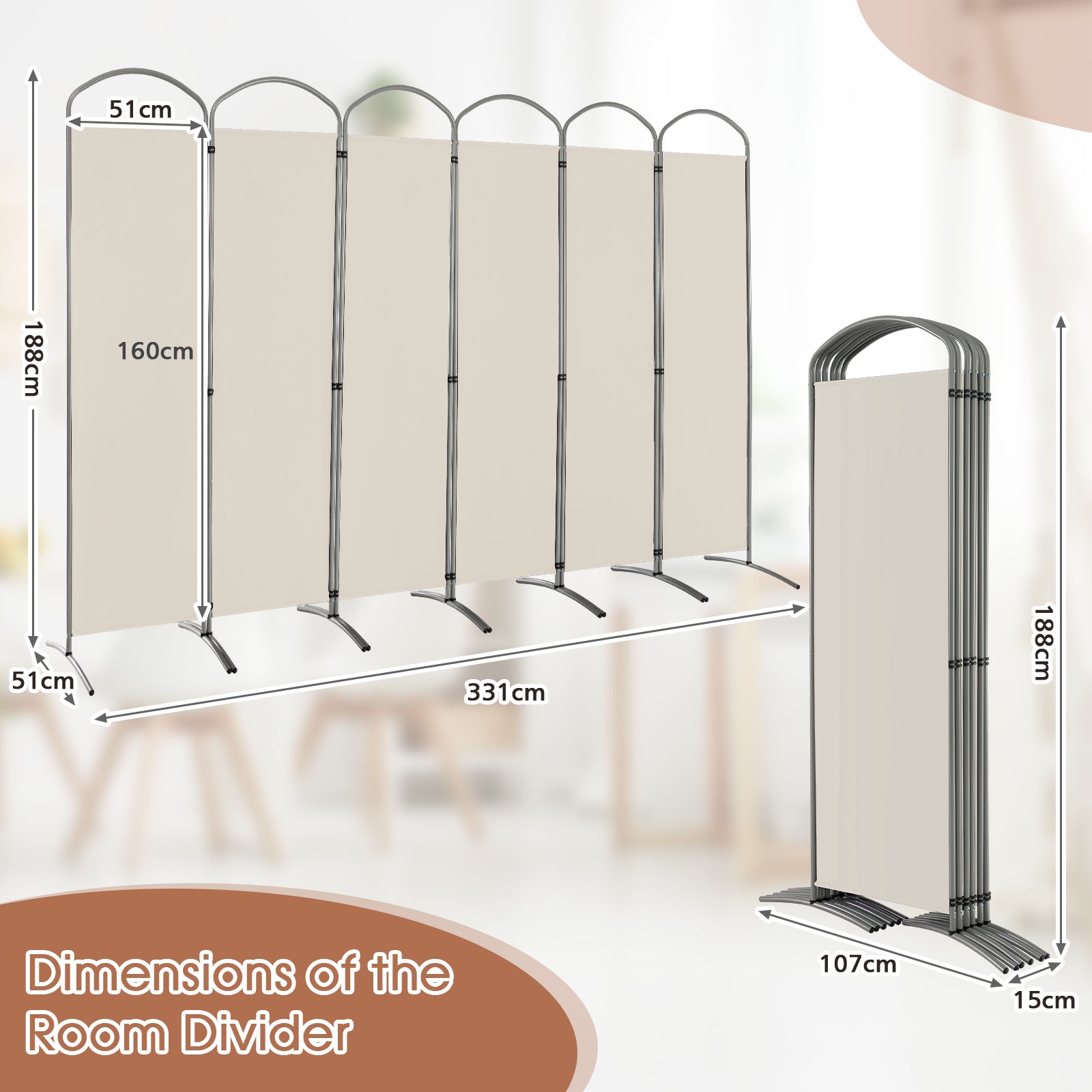 6 Panel Freestanding Folding Room Divider for Home Office-Cream