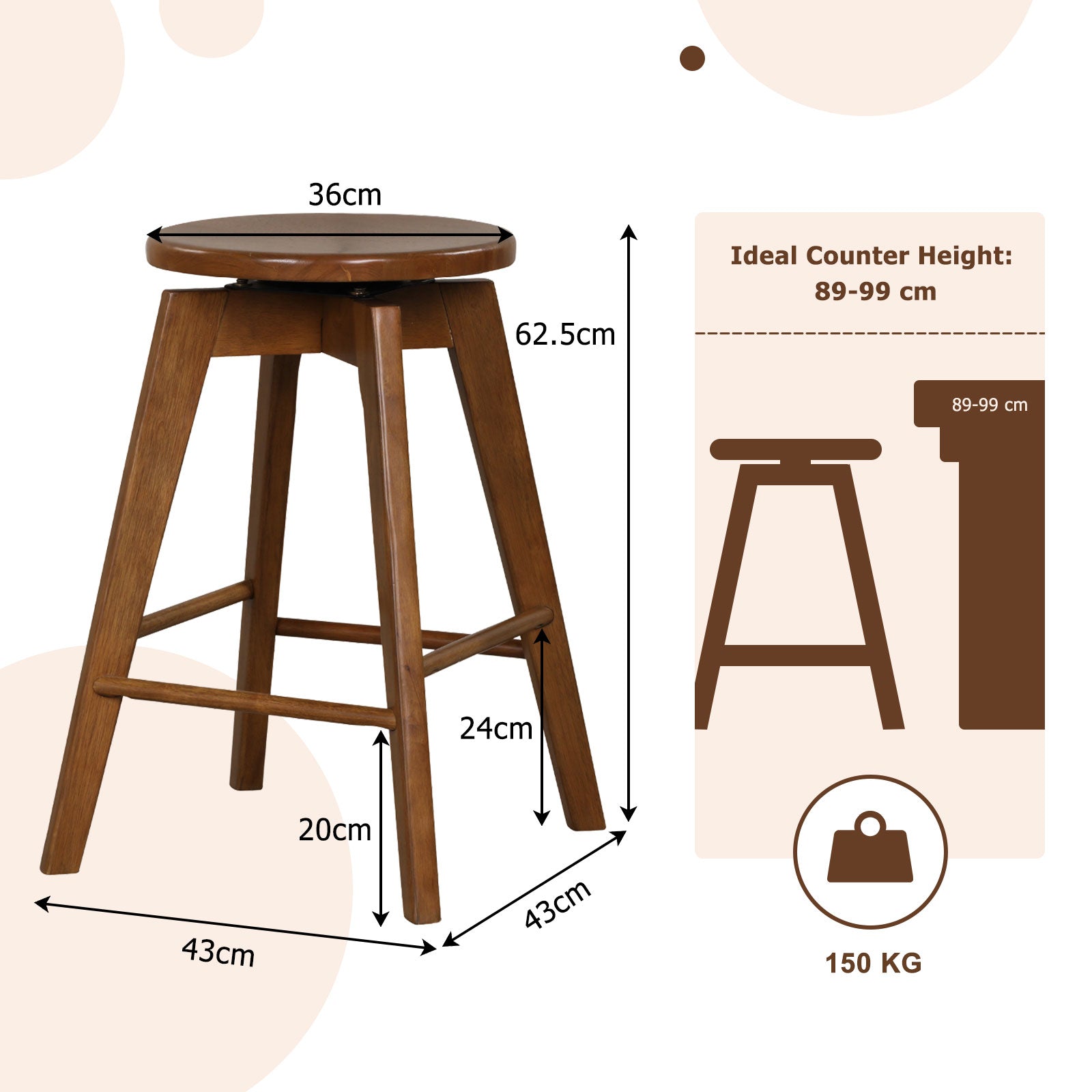 360¬∞ Swivel Counter Height Bar Chairs with Rubber Wood Frame