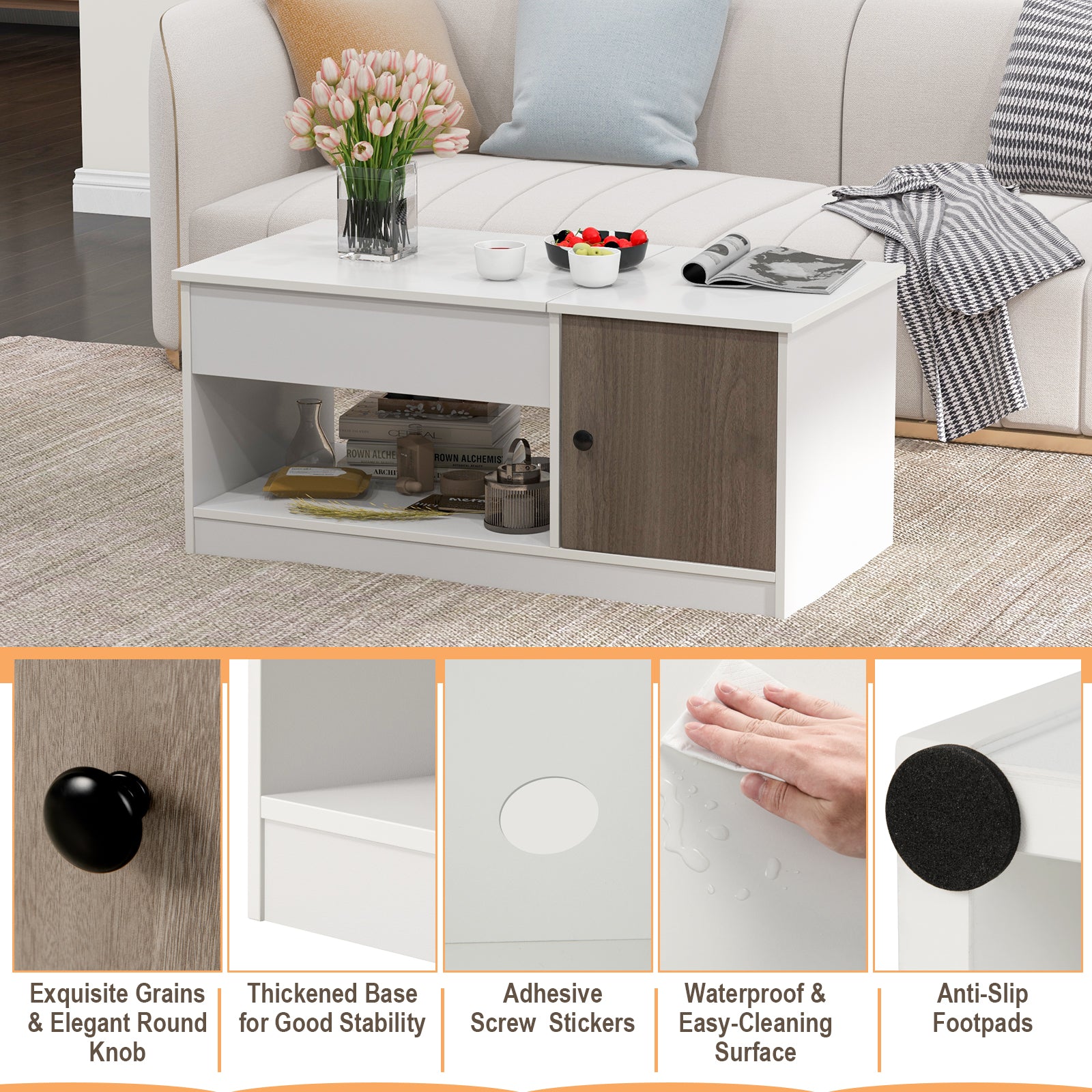 Modern Cocktail Table with Lift Tabletop and Hideaway Compartments