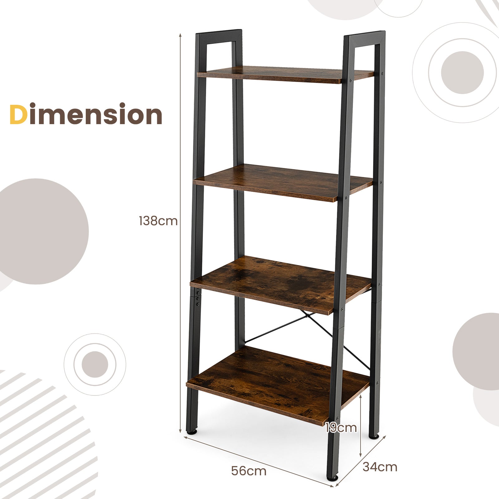 4-Tier Bookshelf with Metal Frame-Rustic Brown