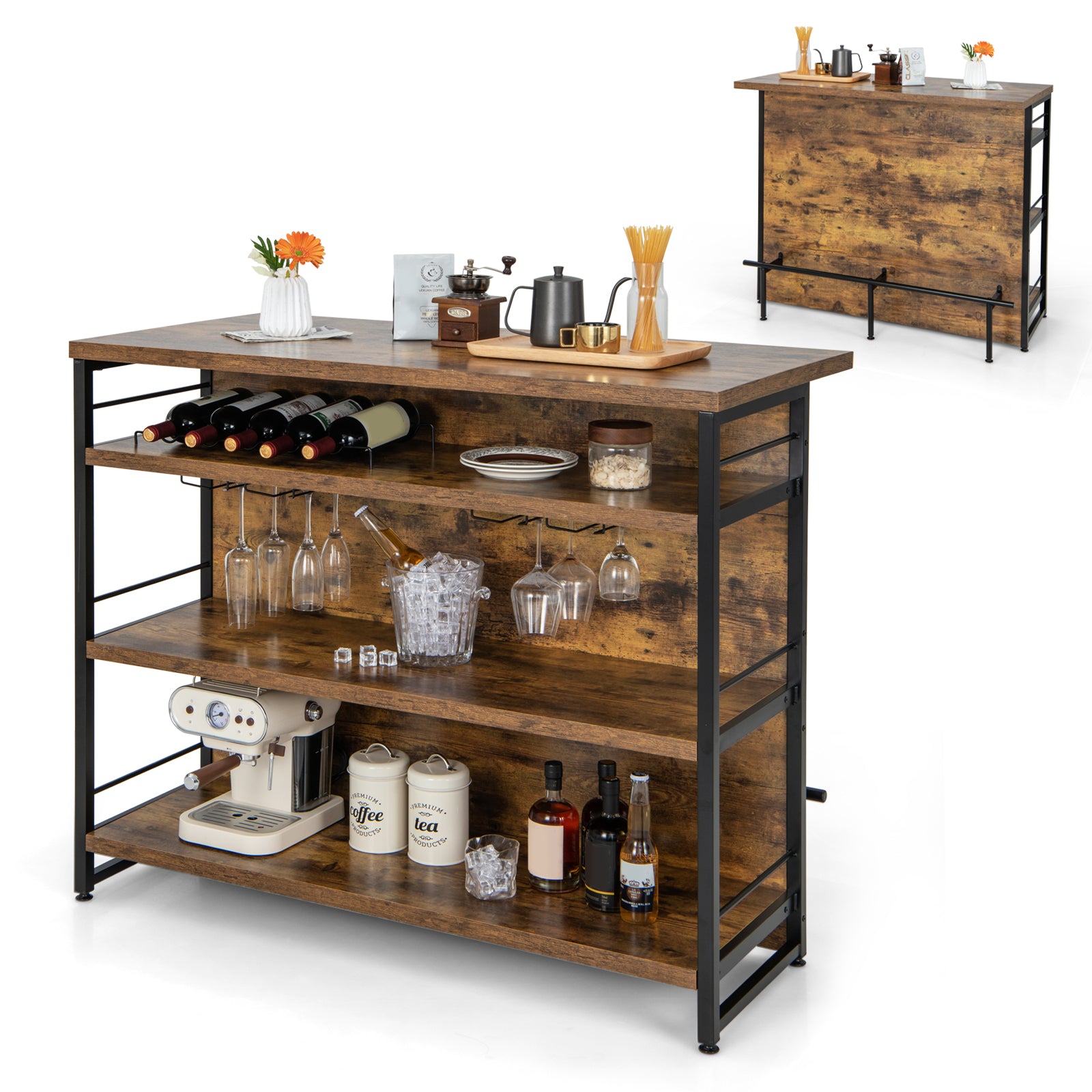 Industrial Home Bar Unit with 3 Open Shelves-Brown