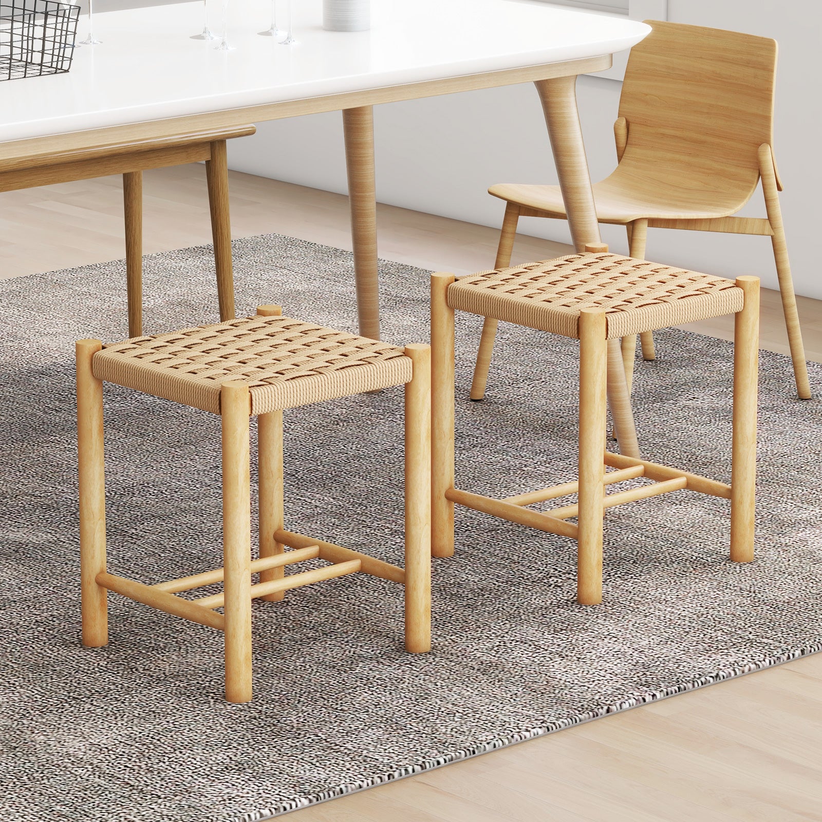 Dining Stool Set of 2 with Rubber Wood Frame and Woven Paper Seat-36 x 36 x 45cm