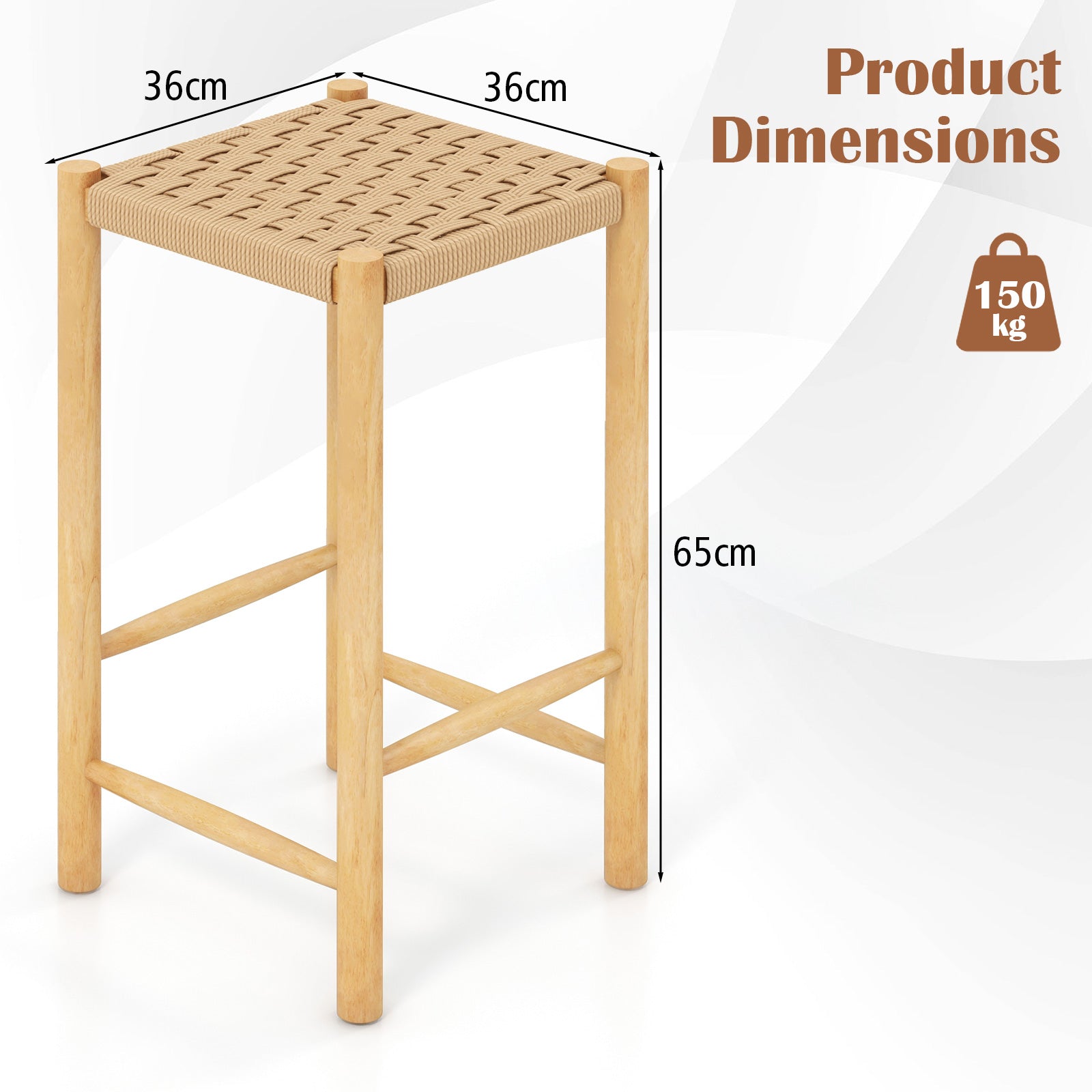 Dining Stool Set of 2 with Rubber Wood Frame and Woven Paper Seat-36 x 36 x 65cm