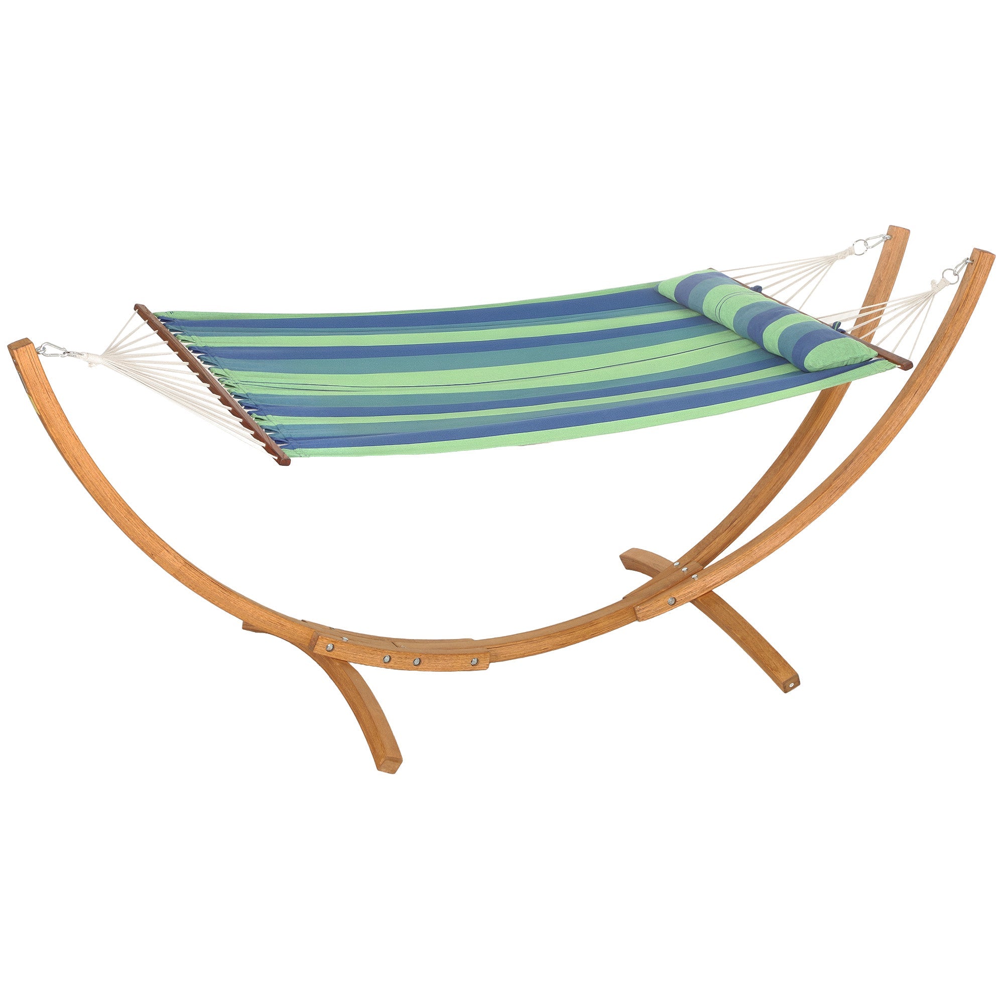 Outsunny Outdoor Hammock with Stand, Garden Hammock with Triple-Head Eucalyptus Wood Arc Frame, 1 Person Cotton Bed and Head Pillow, Freestanding Garden Swing Bed for Patio, Blue Stripe