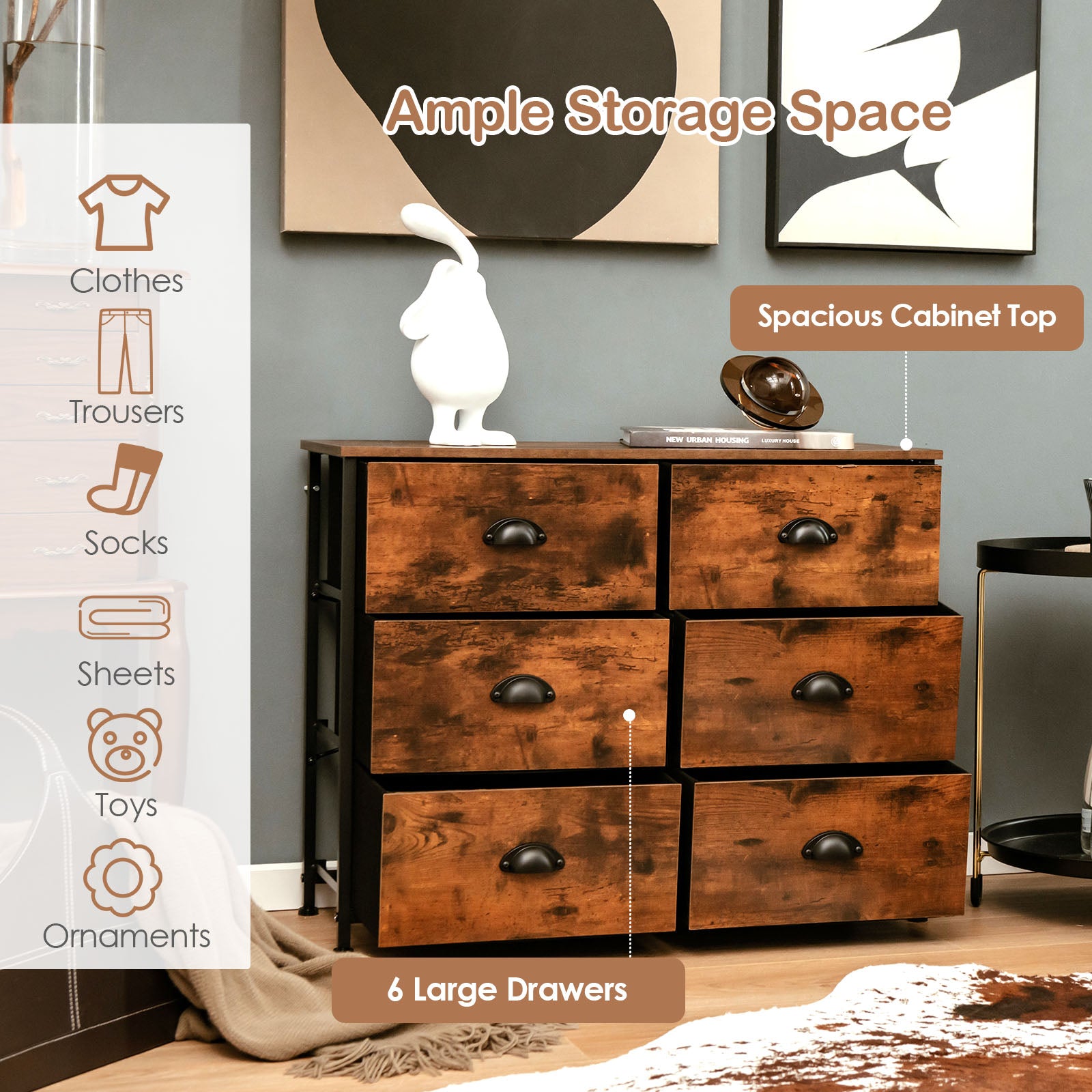 Dresser with 6 Foldable Fabric Drawers Living Room Bedroom-Rustic Brown