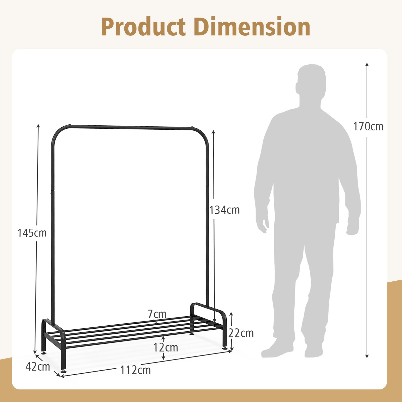 Metal Clothes Stand Rack with Top Rod and Lower Storage Shelf-Black