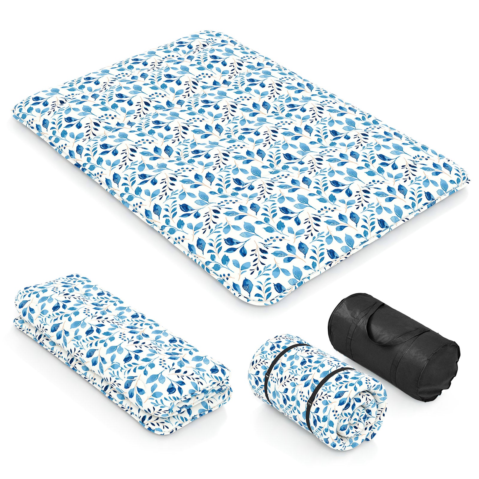 Japanese Floor Mattress with Washable Cover and Carry Bag-Blue &amp; White-Double Size