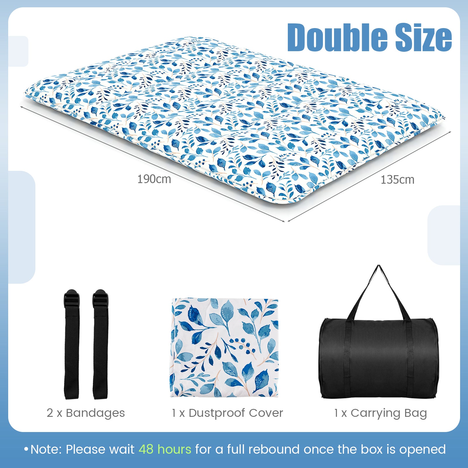 Japanese Floor Mattress with Washable Cover and Carry Bag-Blue &amp; White-Double Size