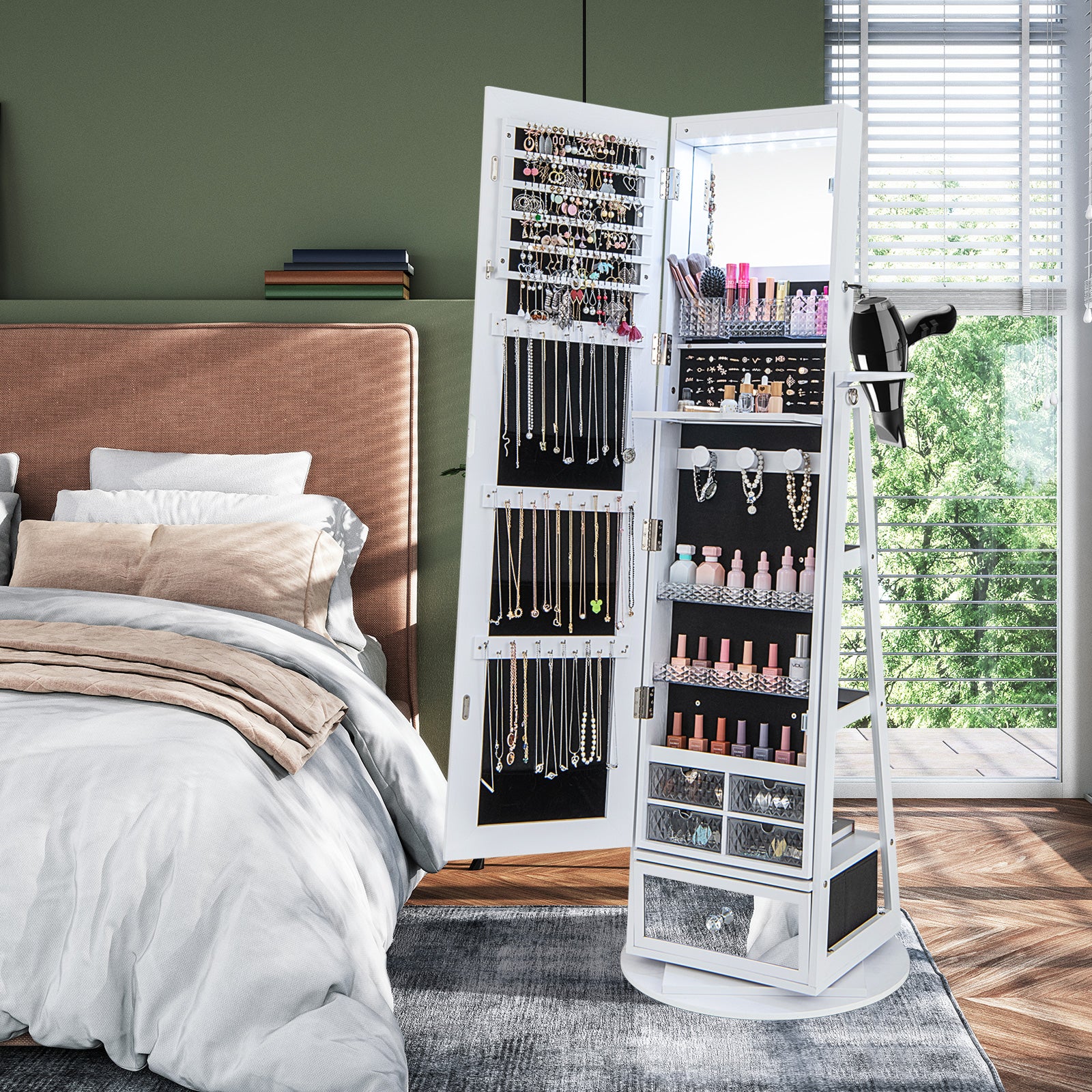 360¬∞ Swivel Lockable Jewelry Armoire Cabinet with Full-Length Mirror-White