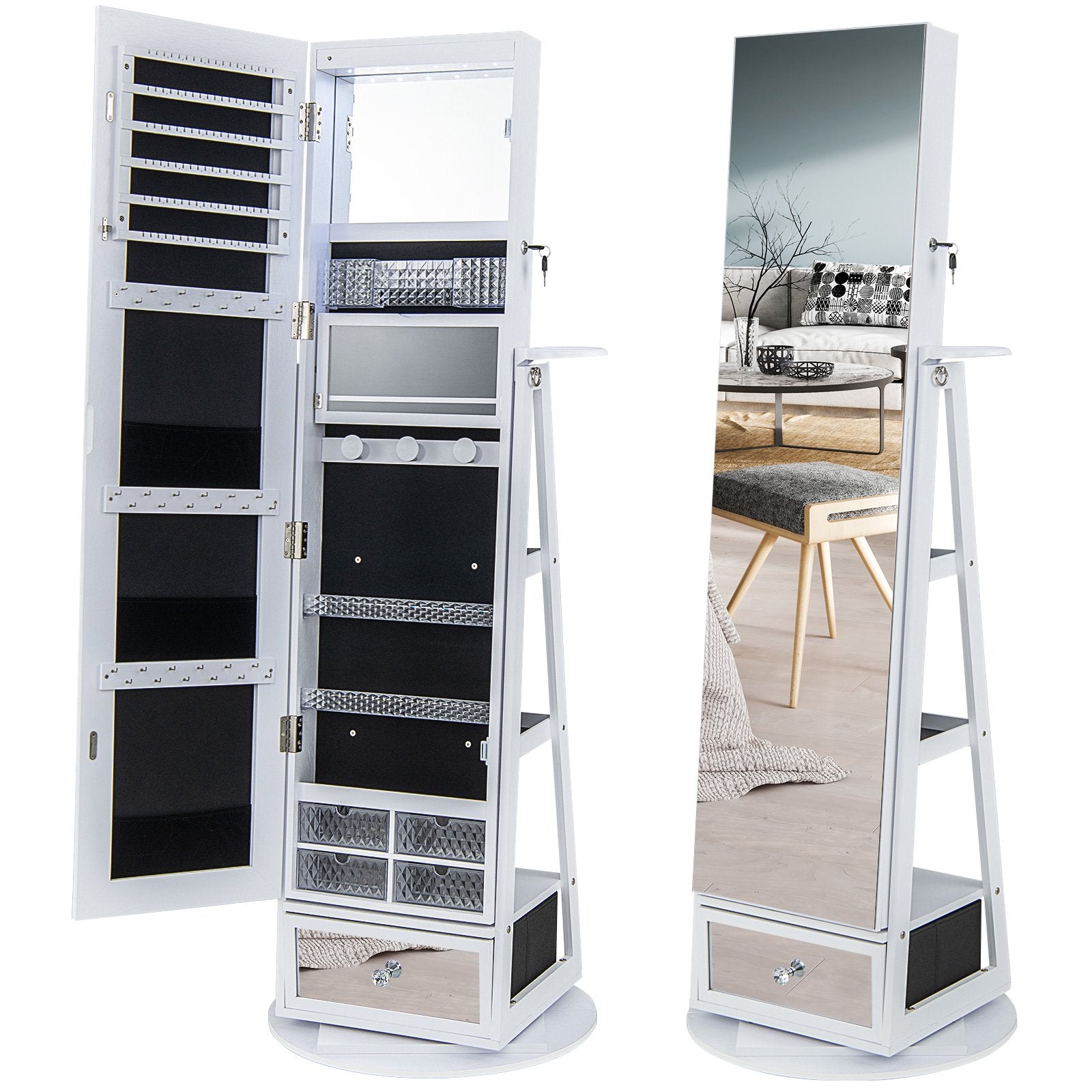 360¬∞ Swivel Lockable Jewelry Armoire Cabinet with Full-Length Mirror-White