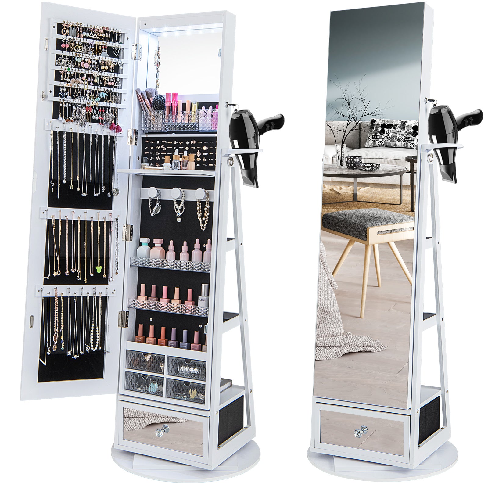 360¬∞ Swivel Lockable Jewelry Armoire Cabinet with Full-Length Mirror-White