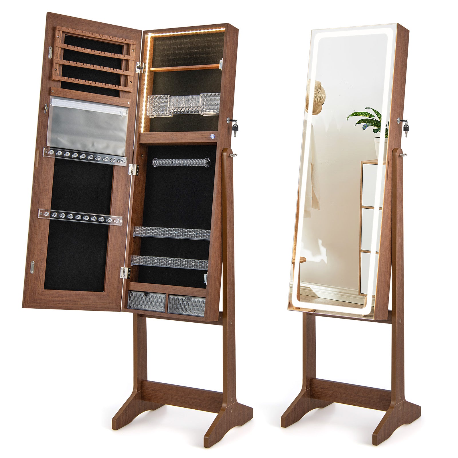 Standing Jewelry Cabinet with LED Lights Lipstick Box and 2 Drawers-Walnut