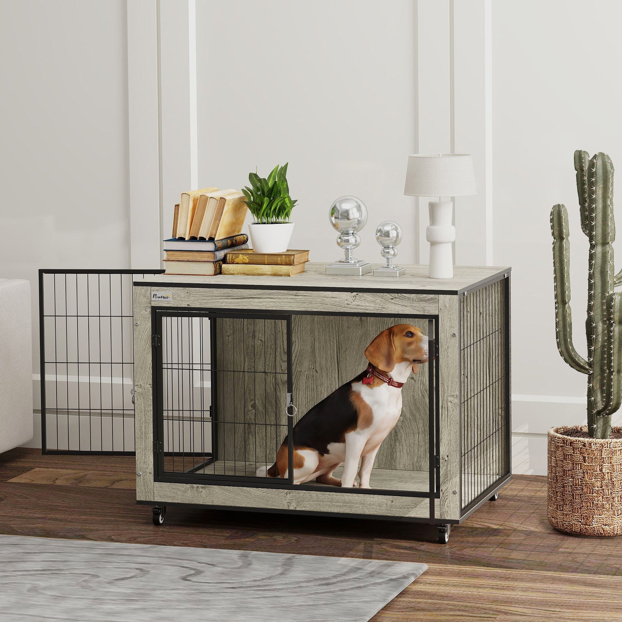 PawHut Dog Crate Furniture with Wheels, Double Doors, for Medium Dogs, Grey