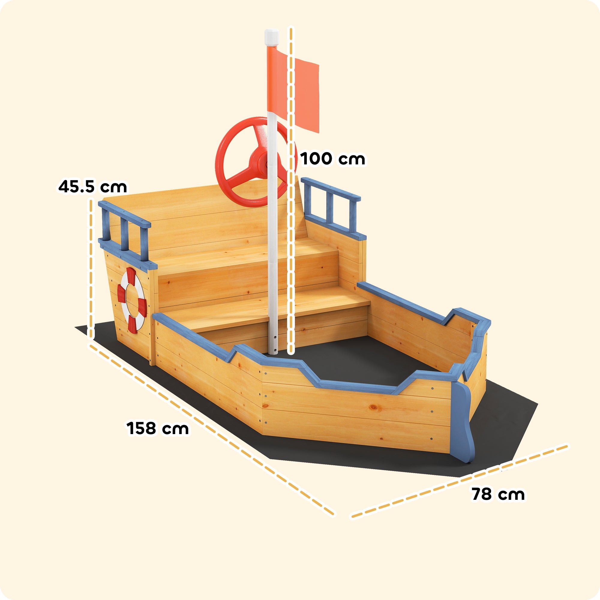 Outsunny Sand pit Kids Children Sandpit Wooden Pirate Ship Sandboat Outdoor Backyard Playset w/Bench Bottom Liner